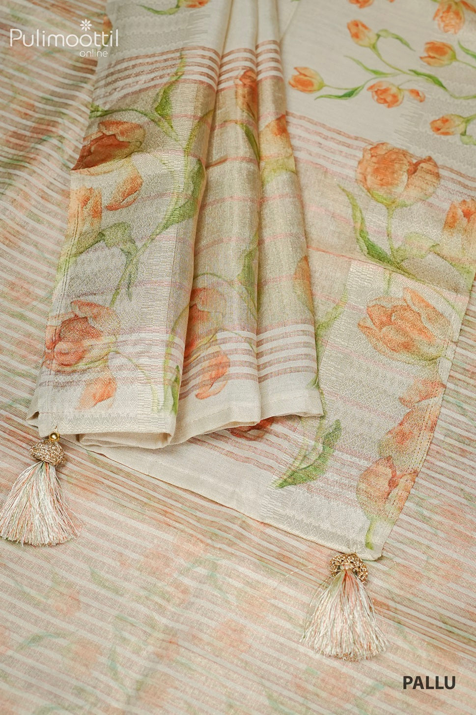 Cream Colour Kerala Golden Tissue Fancy Saree.