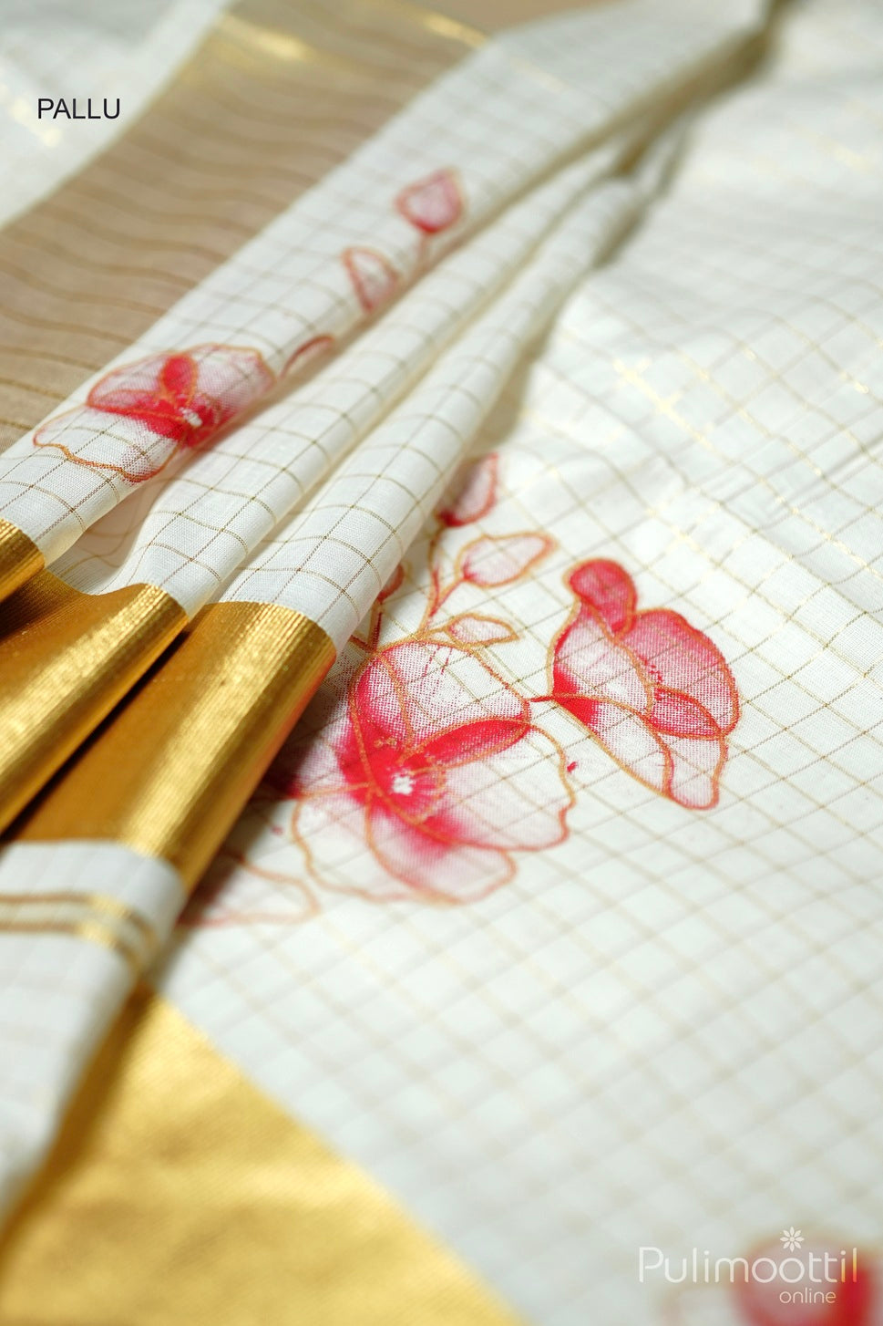 Cream colour Kerala Golden Check And Red Floral Printed Set Saree