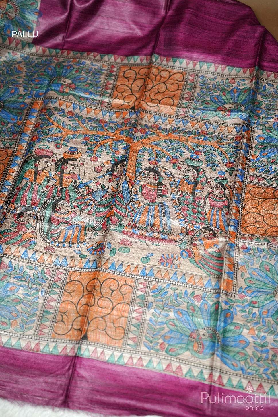 Madhubani Dark Pink Jute Silk Saree.