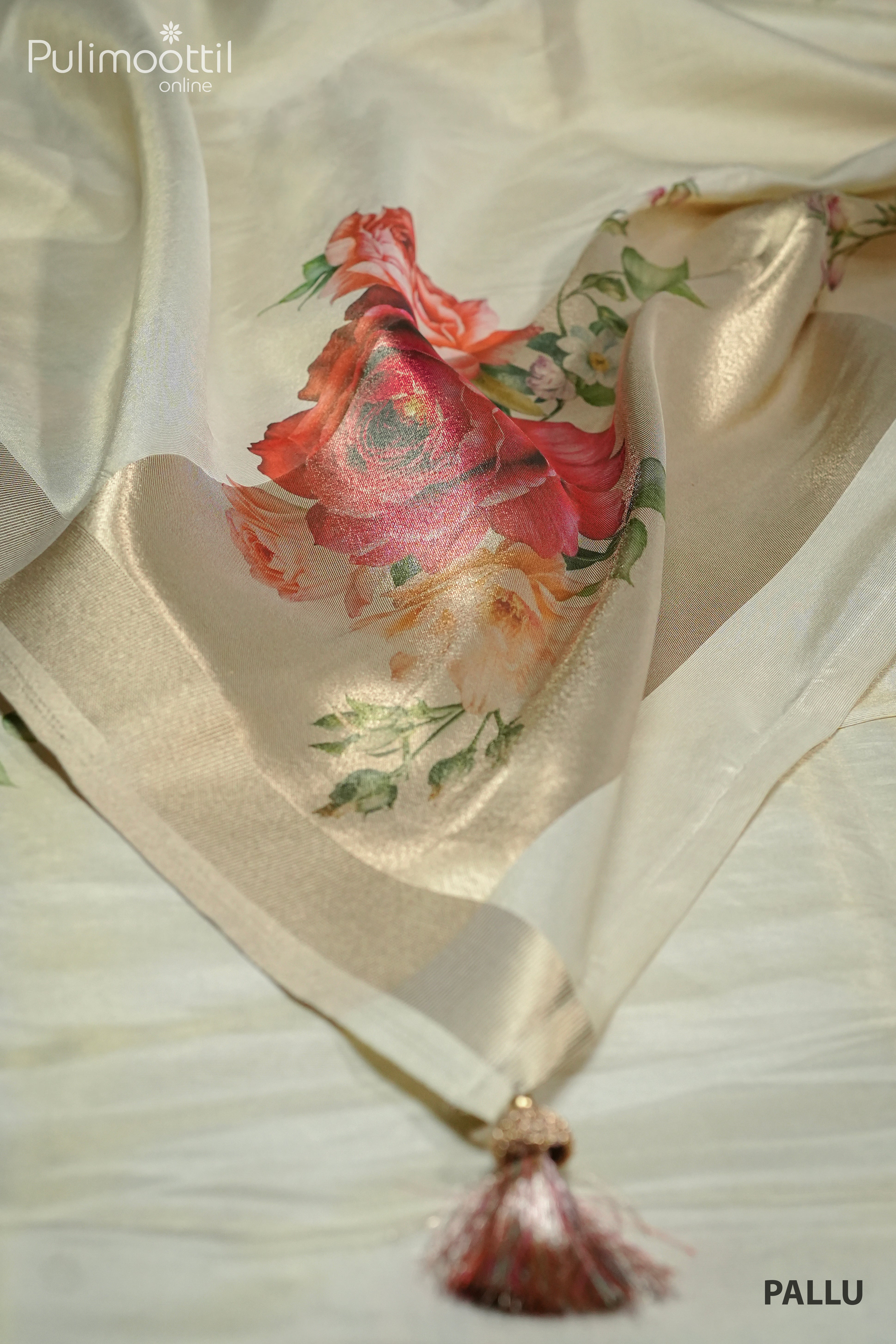 Cream Colour Kerala Golden Tissue Fancy Saree.