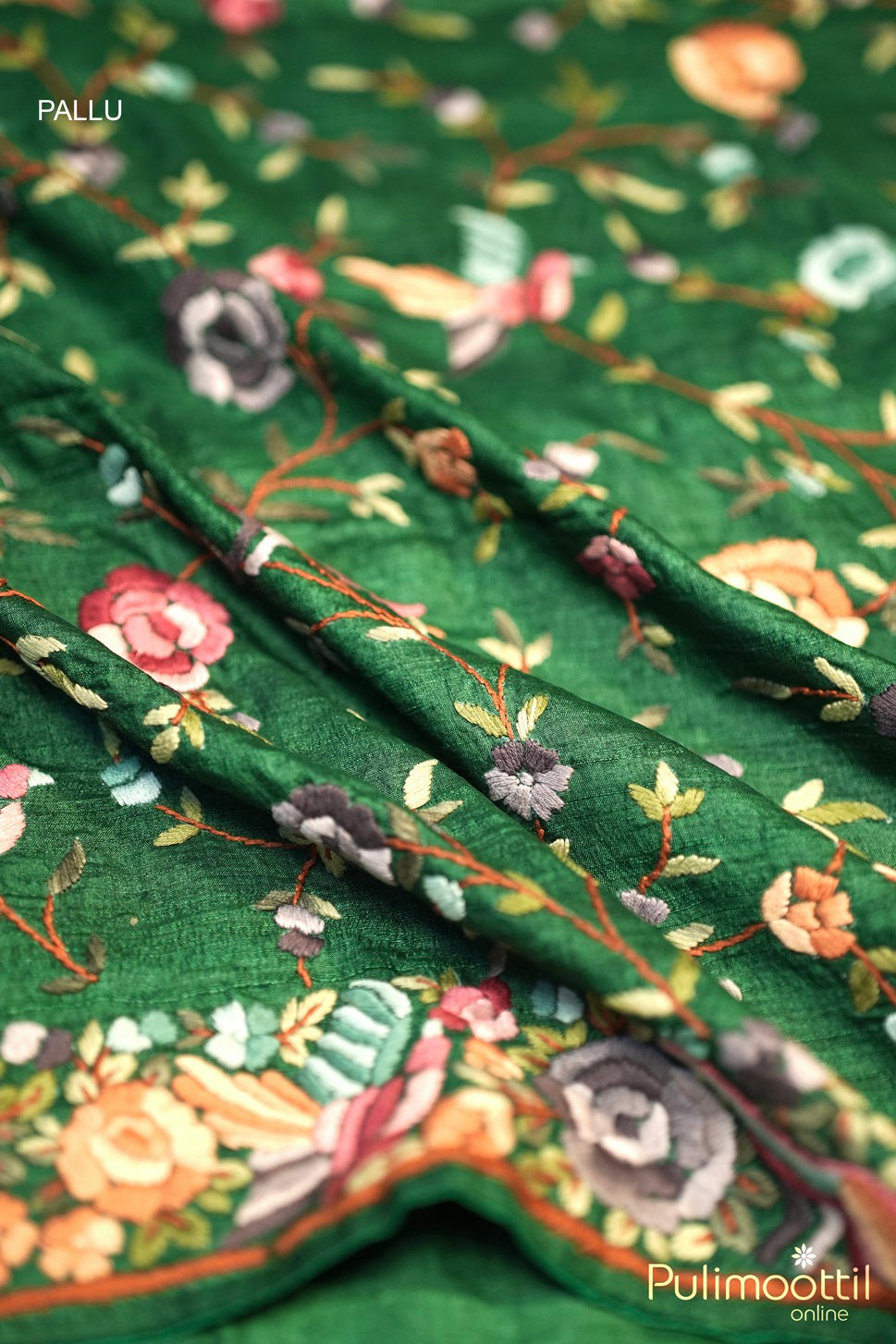 Bottle green jute silk saree pallu with full hand embroidery in multicolor floral design.