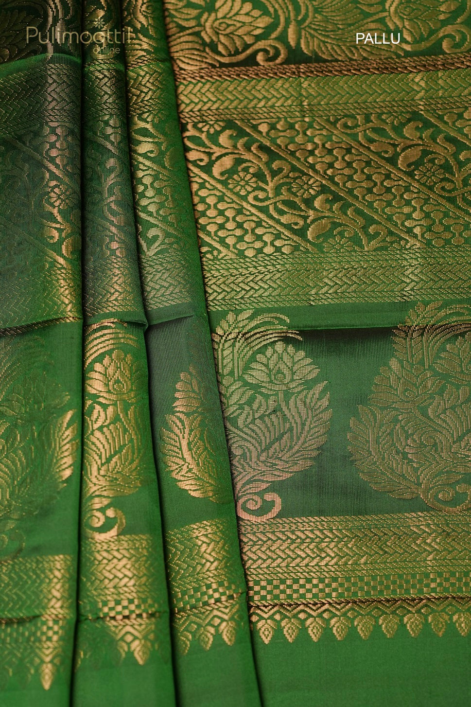 Designer pallu of pastel olive green Kanchipuram soft silk saree with intricate golden zari buttas and contrasting green border, perfect for bridal and wedding sarees by Thrissur Pulimoottil Silks.