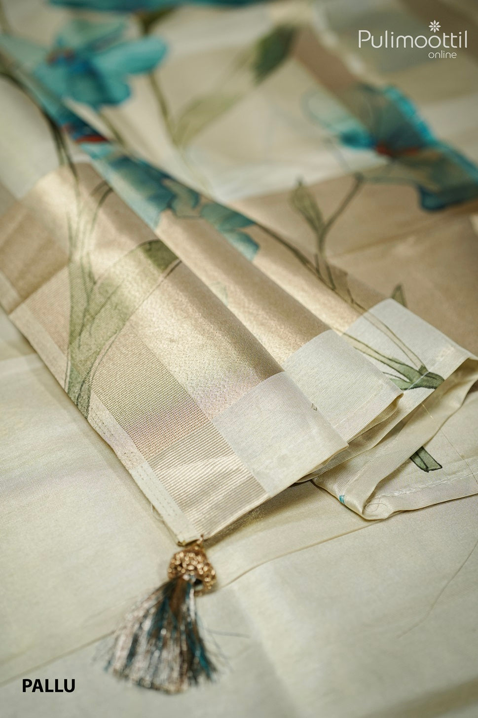 Cream Colour Kerala Golden Tissue Printed Fancy Saree.