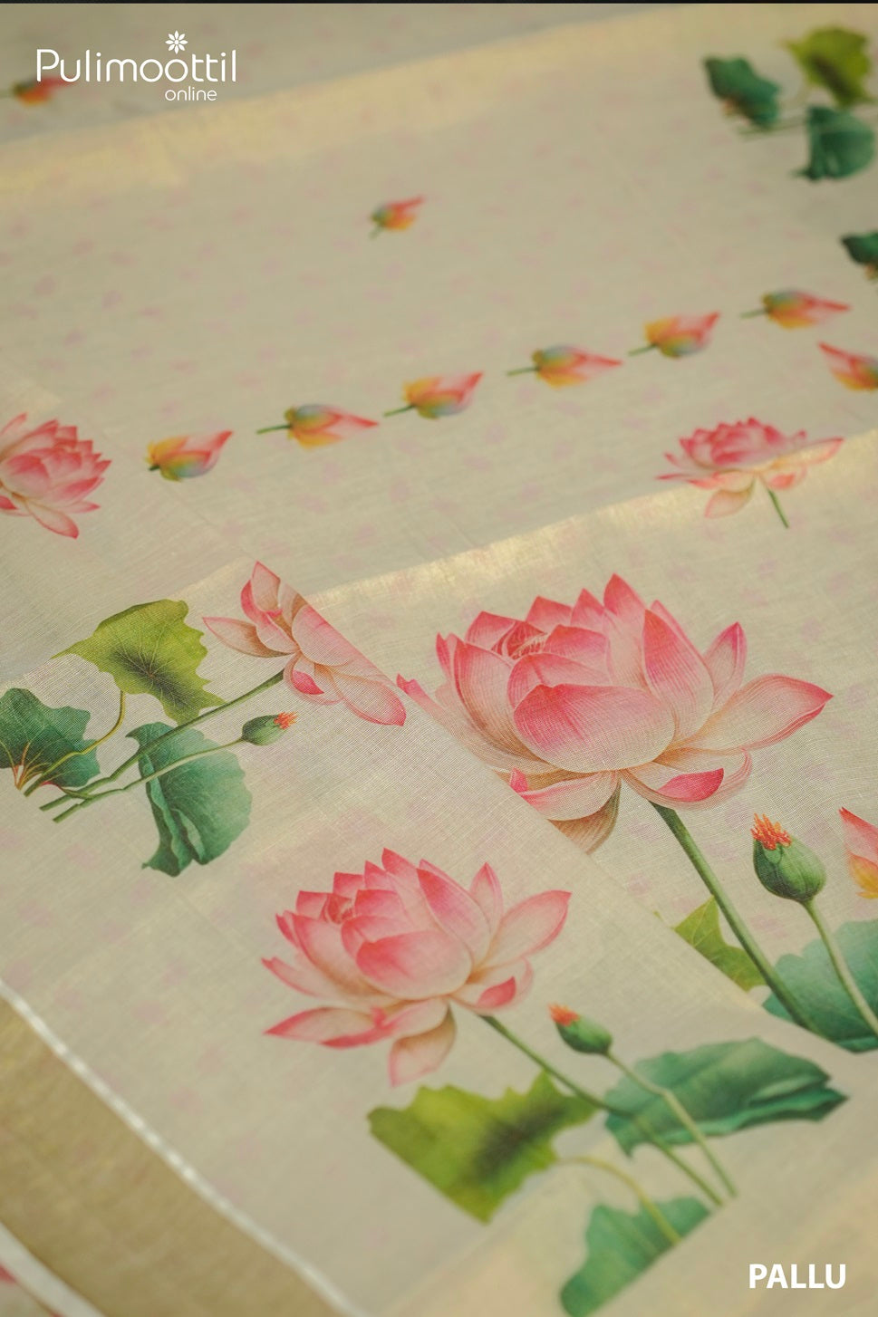 Kerala Golden Tissue Lotus Print Set Saree.