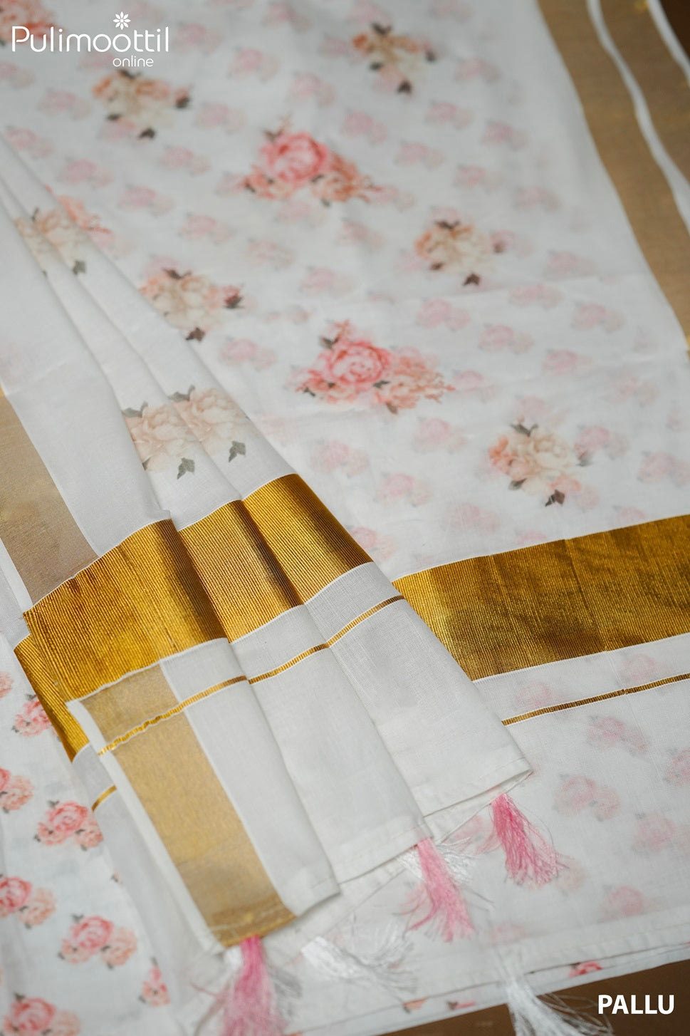 Cream Colour Kerala Cotton Printed Set Saree.