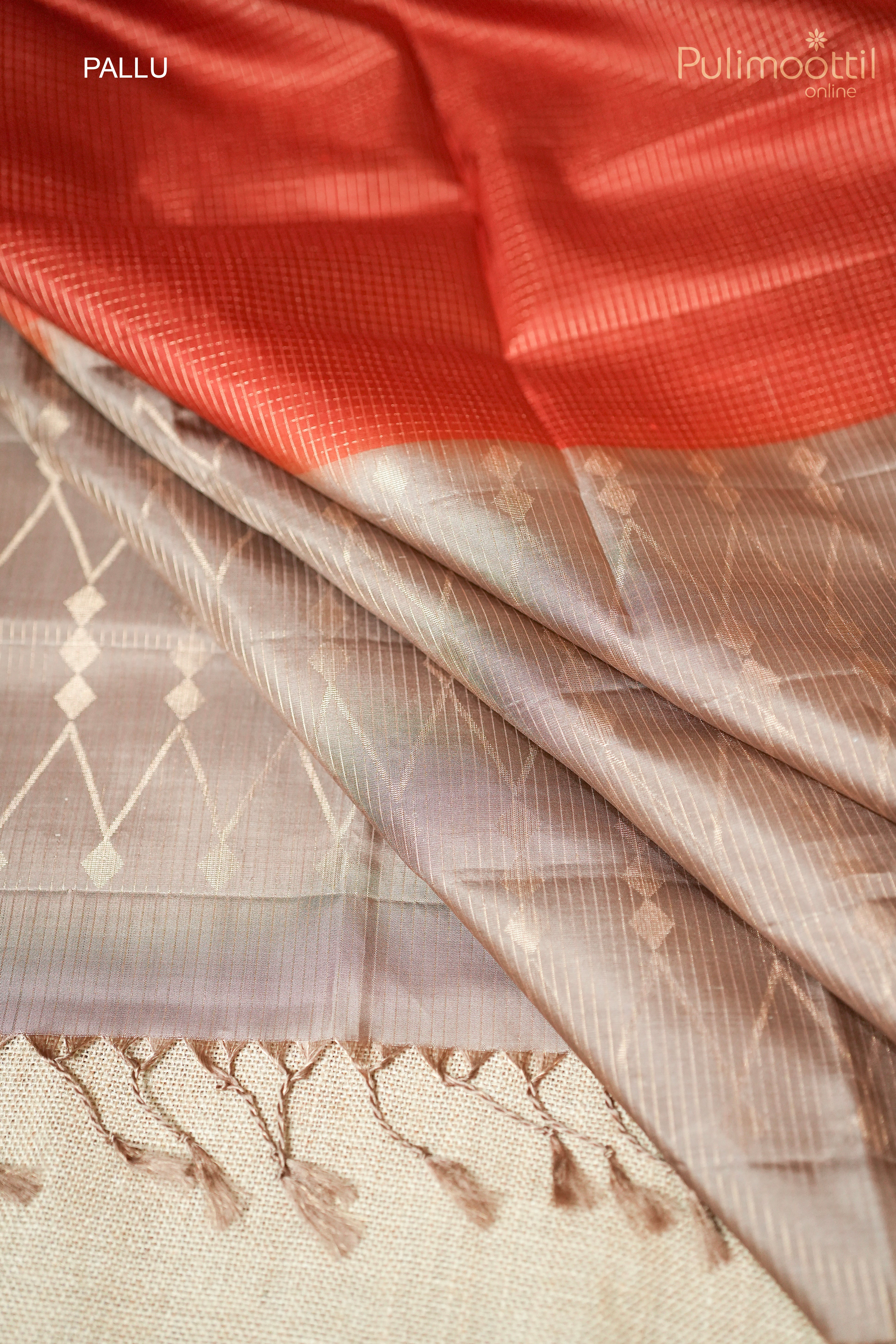 Brick Orange Red Colour Kanchipuram Designer Saree