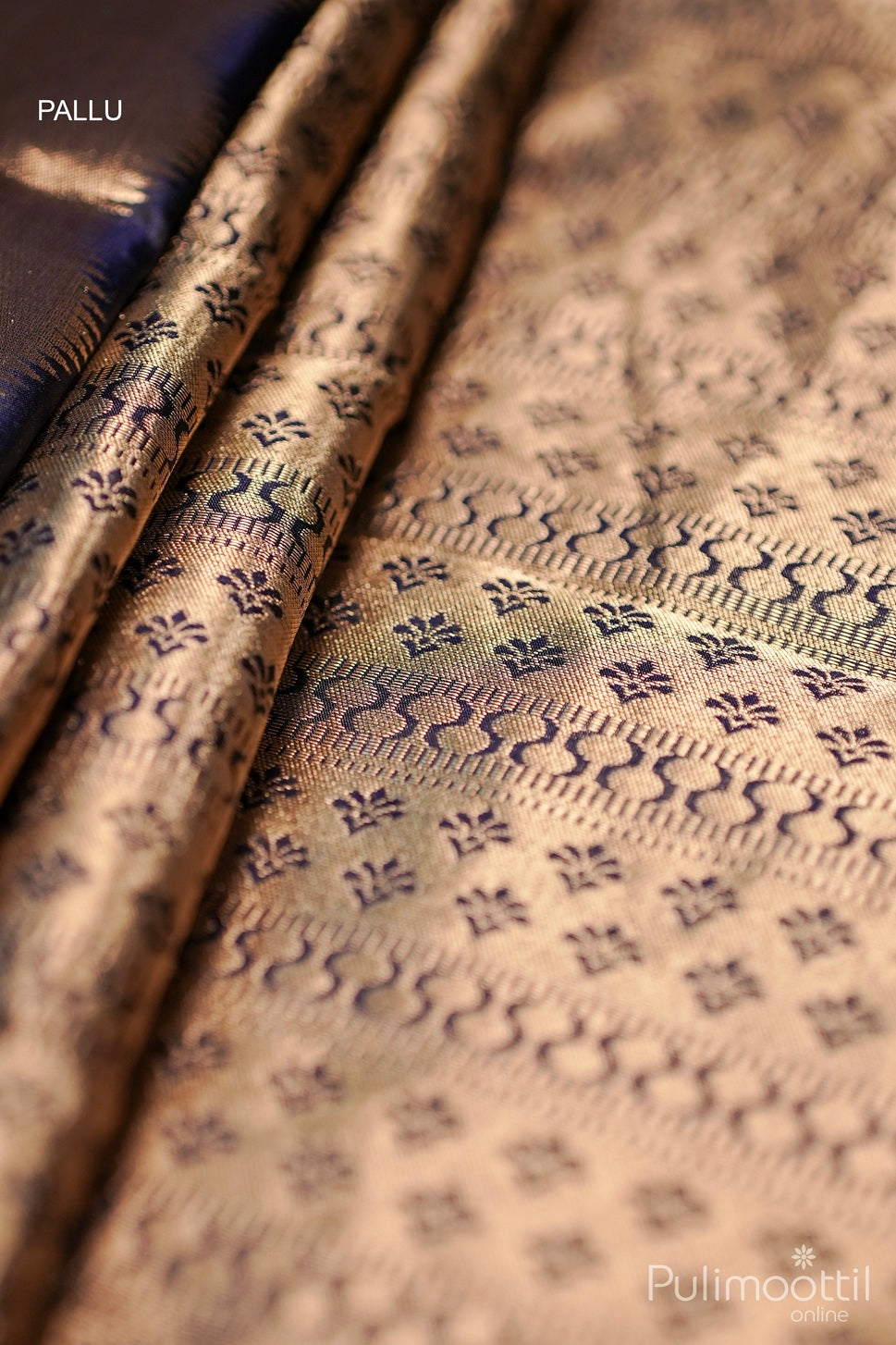 Close-up of designer golden pallu with intricate patterns on dark blue Kanchipuram silk saree.