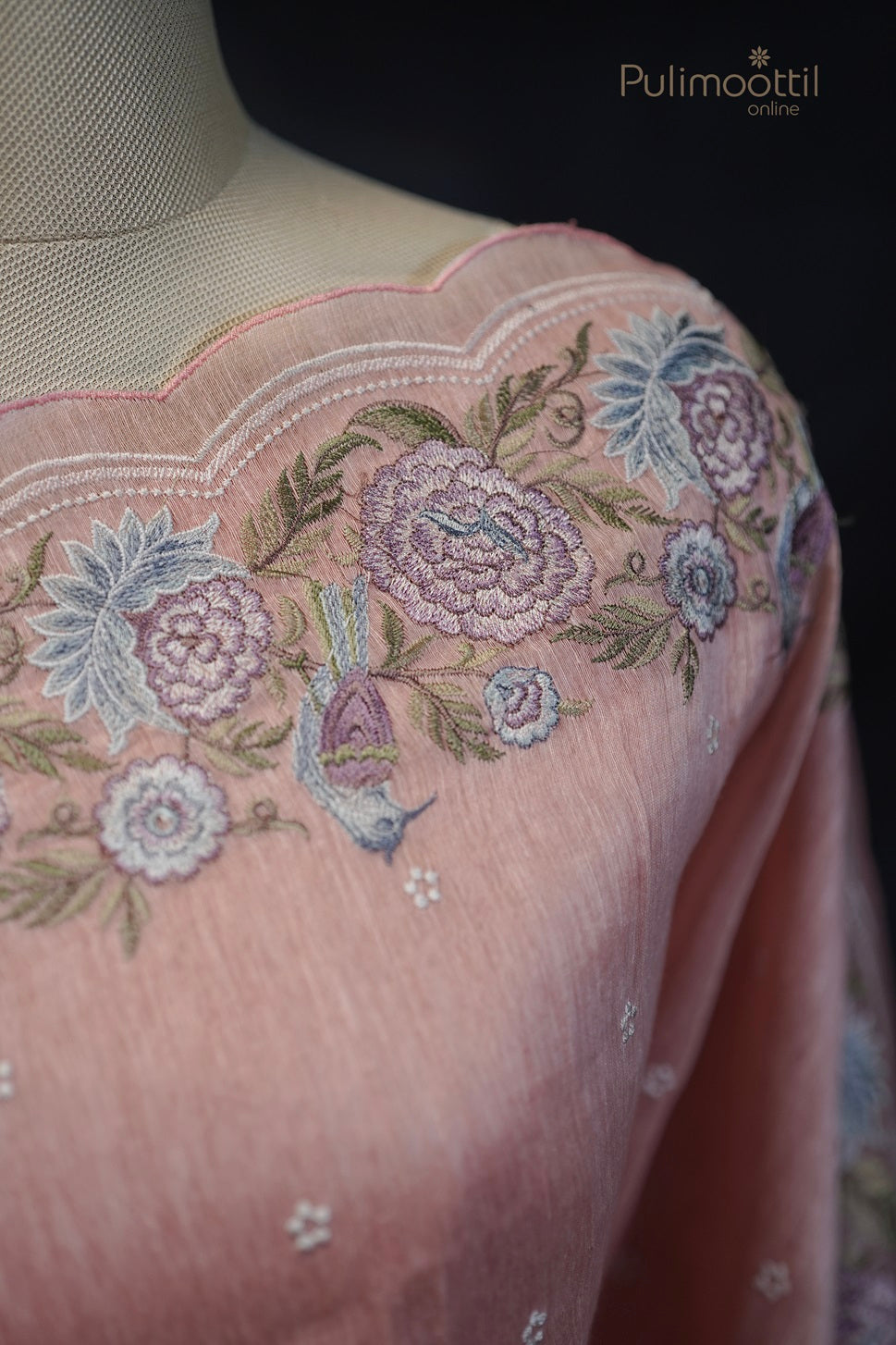 Pastel peach Embroidery Linen Saree
