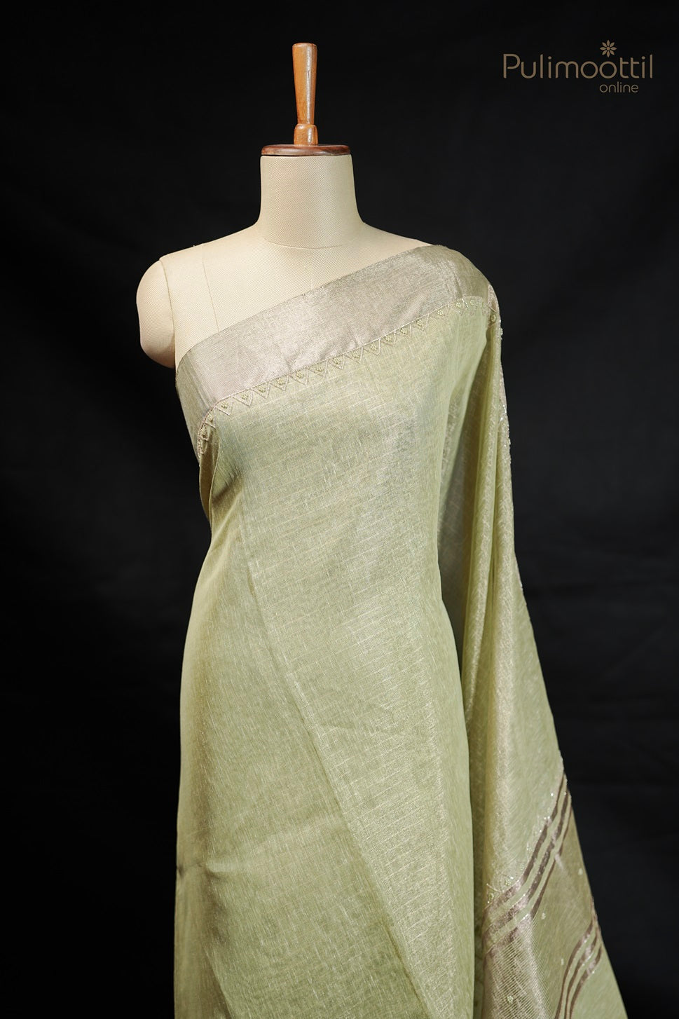Pastel Olive Green Colour Tissue Fancy Saree