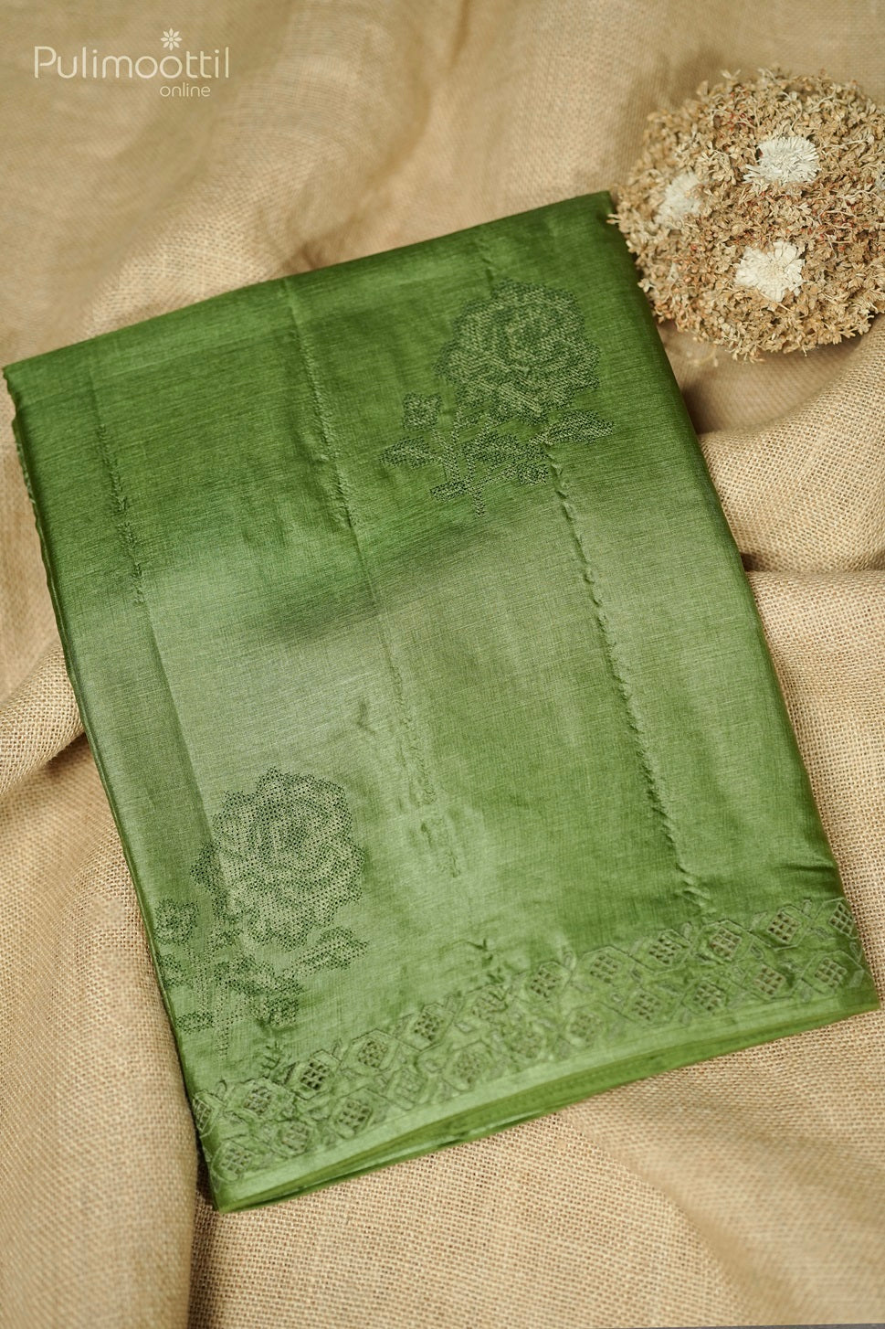 Dusty Green Colour Cross-Stitch Tussar Silk Saree
