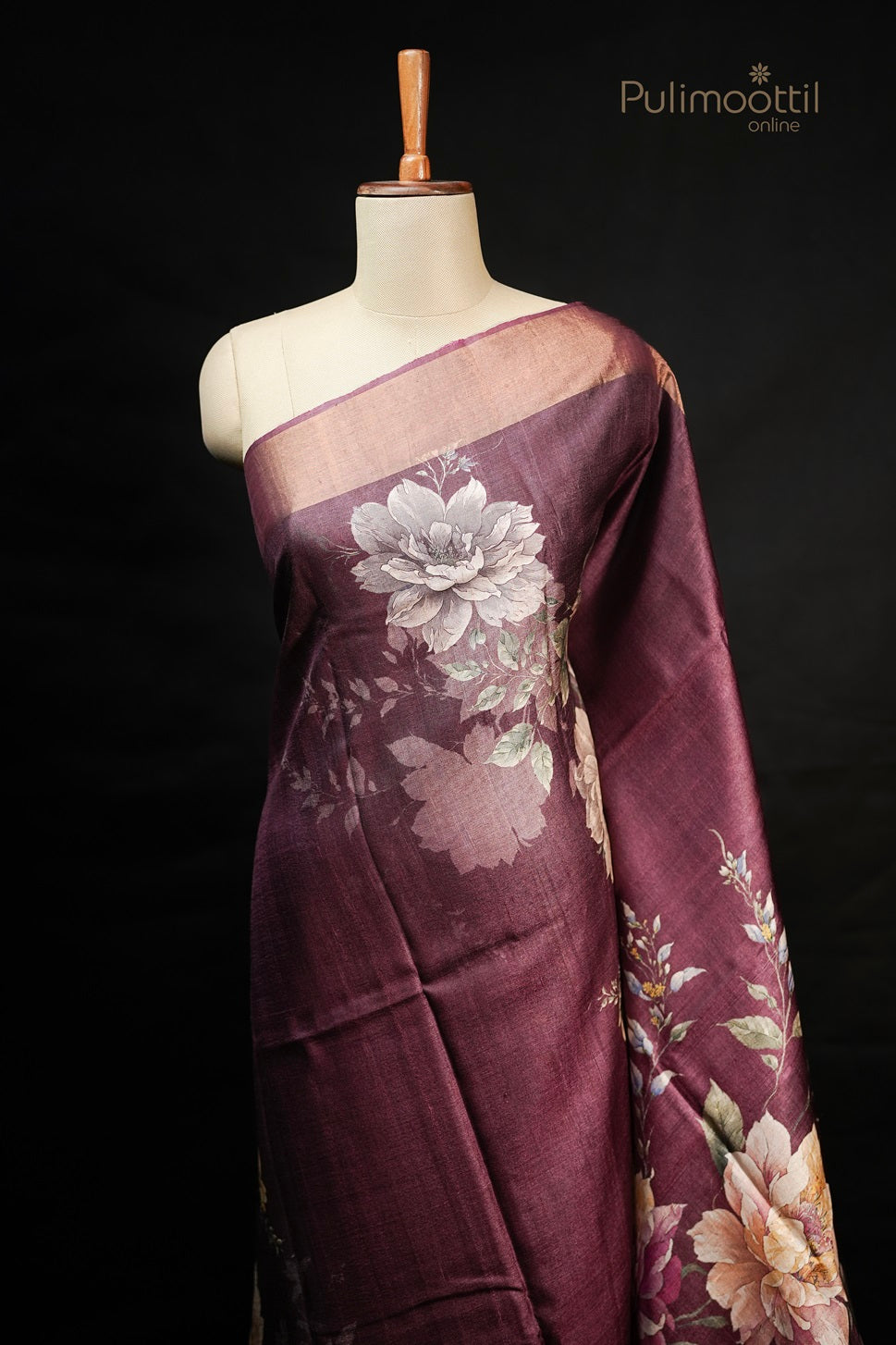 Dark Purple Shaded Floral Tussar Silk Saree