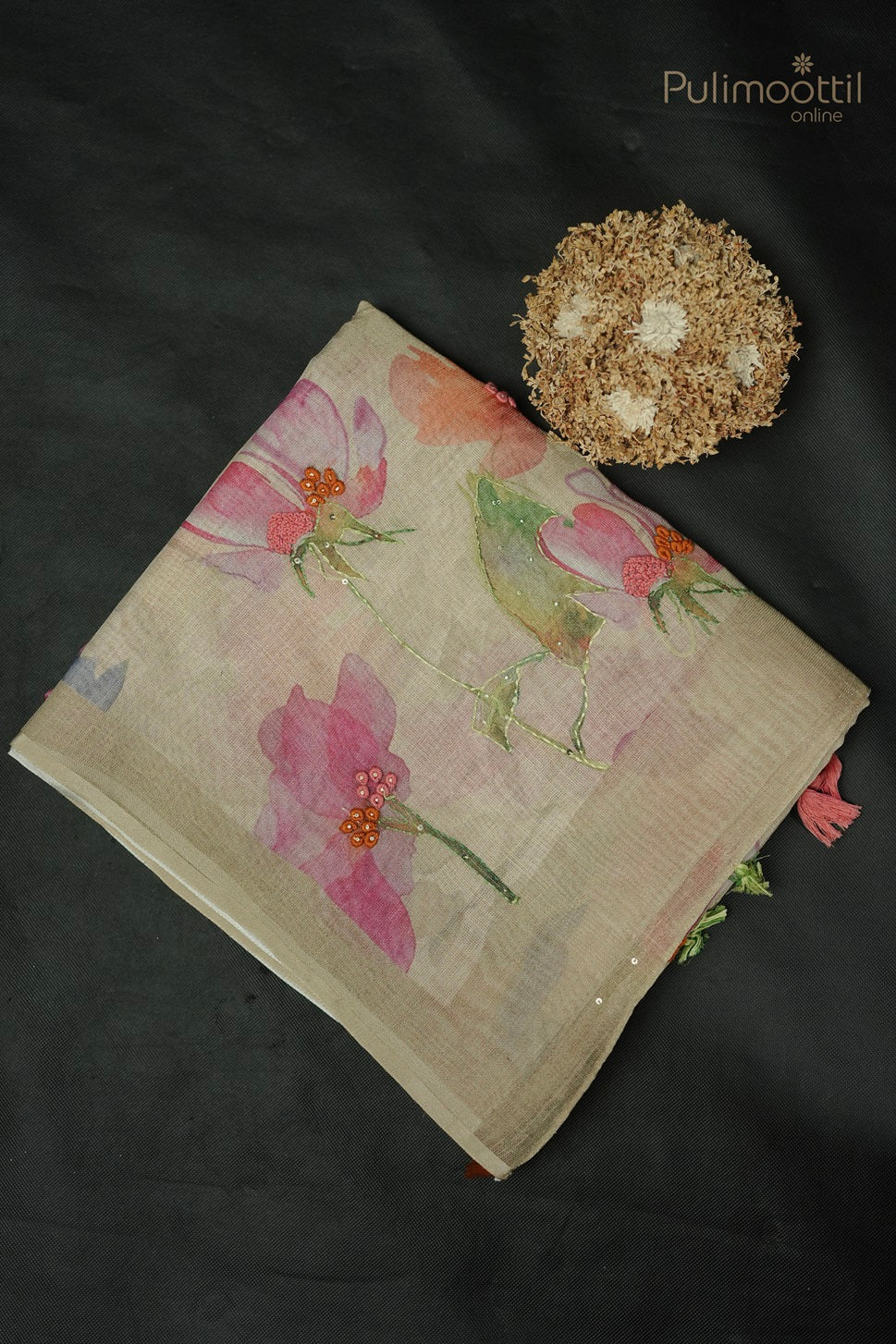 Pastel Olive Green Colour Golden Tissue Hand Embroidery Fancy Saree