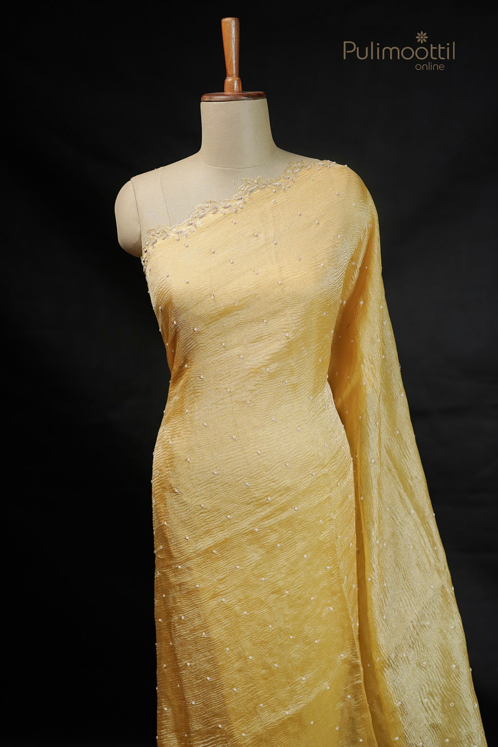 Pastel Yellow Colour Shimmer Crushed Organza Fancy Saree