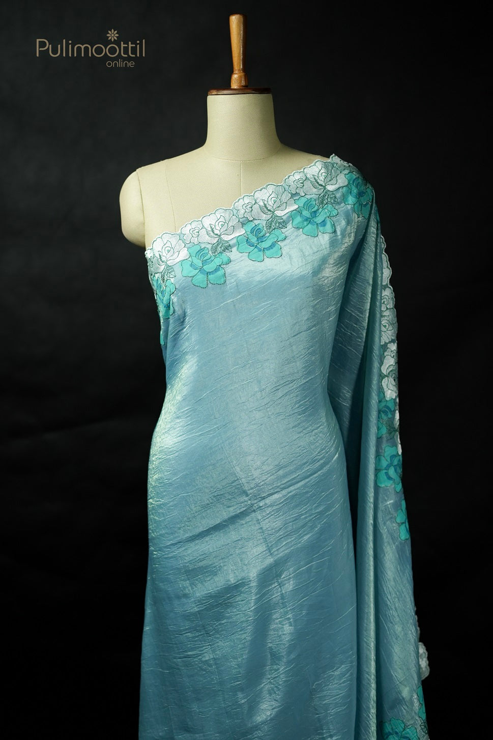 Powder Blue Colour Crushed Organza Fancy Saree