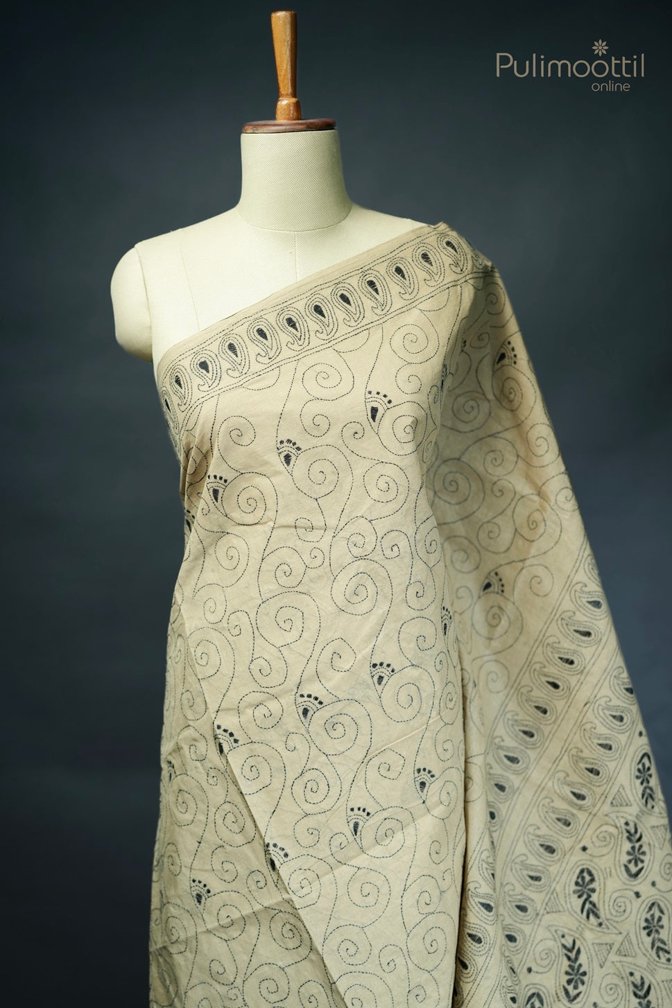 Light Chickoo Colour Hand Embroidery Pure Cotton Saree