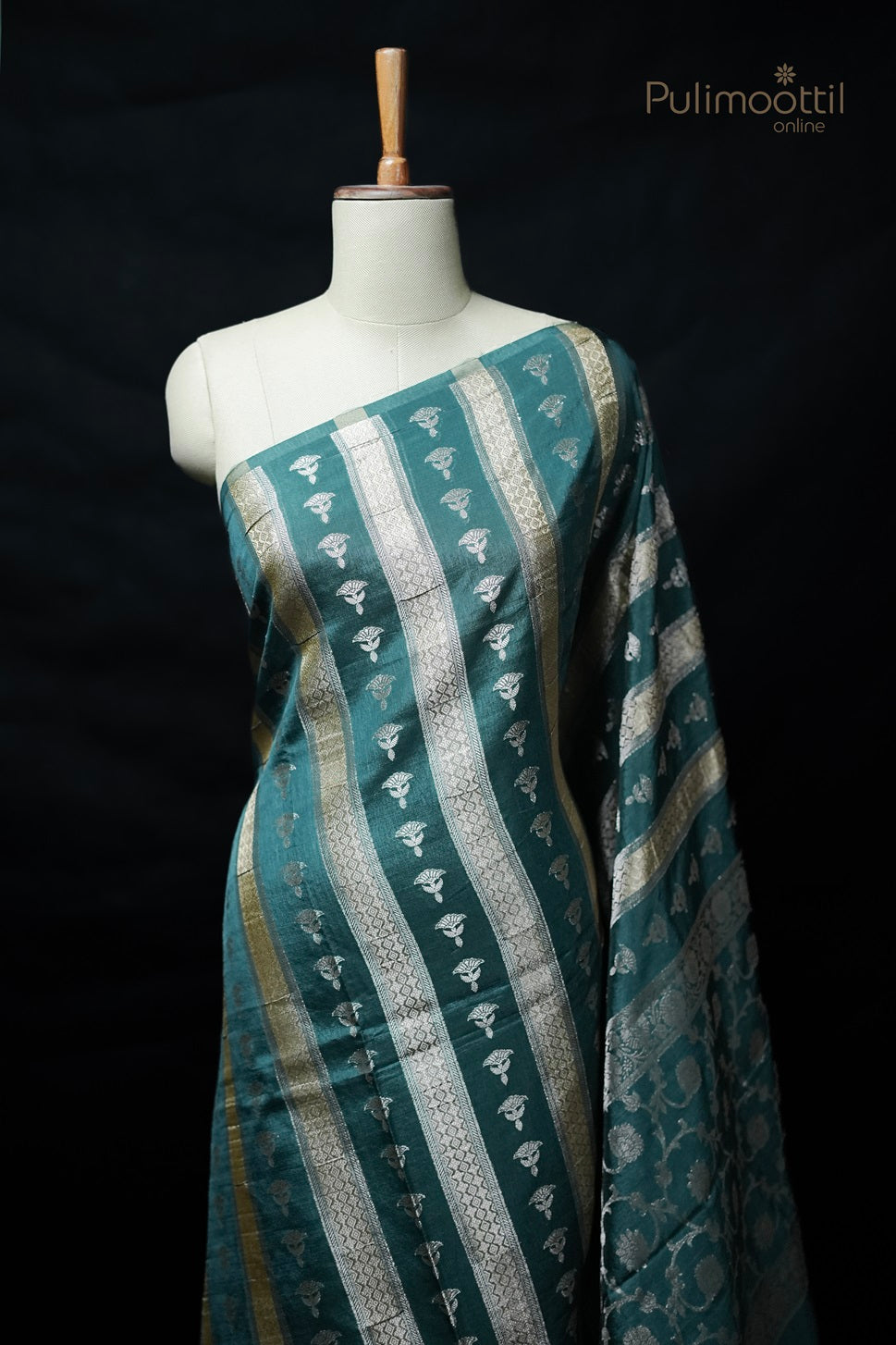 Dark Teal Green Colour Chiniya Silk Saree.