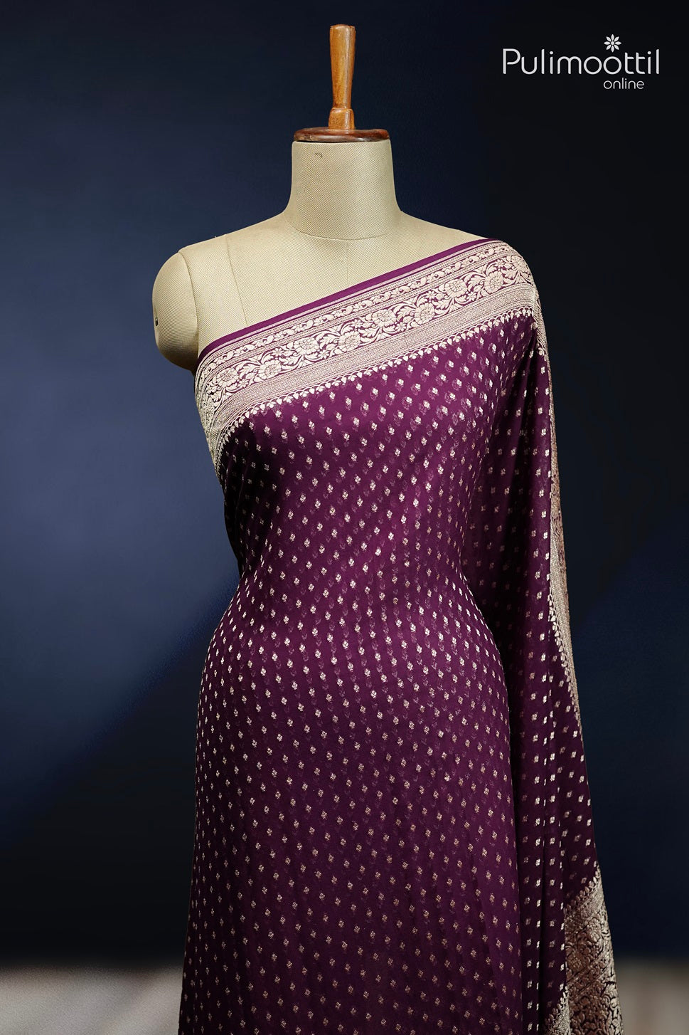Grape Wine Shade Colour Georgette Banarasi Silk Saree.