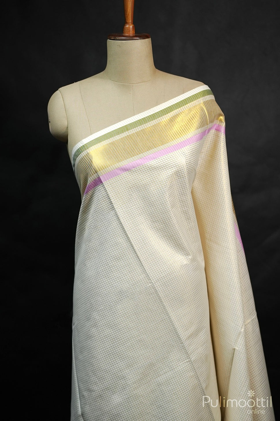 Kerala Cotton Cream Check Double Colour Border Set Saree.