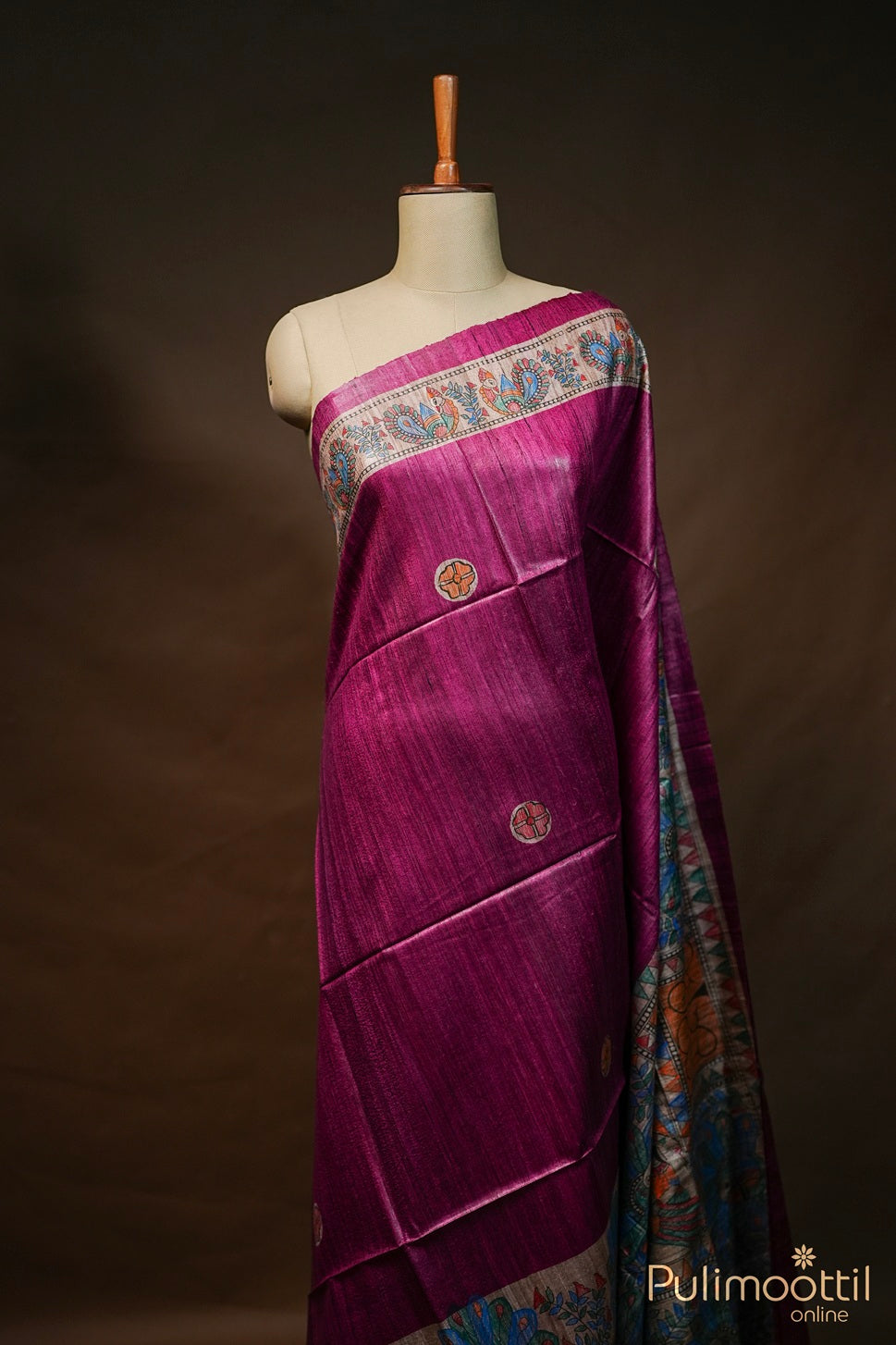 Madhubani Dark Pink Jute Silk Saree.