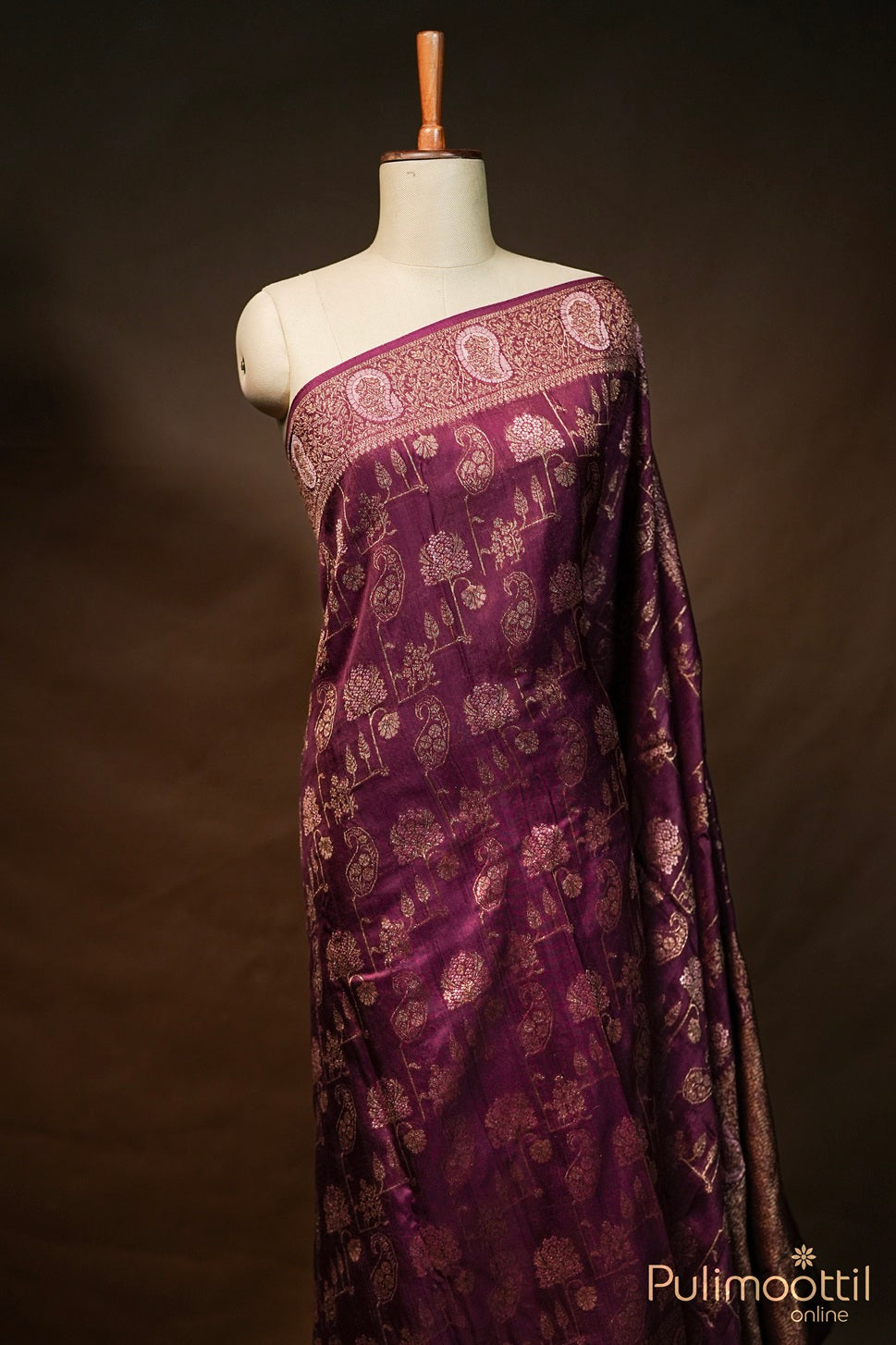 Wine Shade Jute Silk Banarasi Saree.