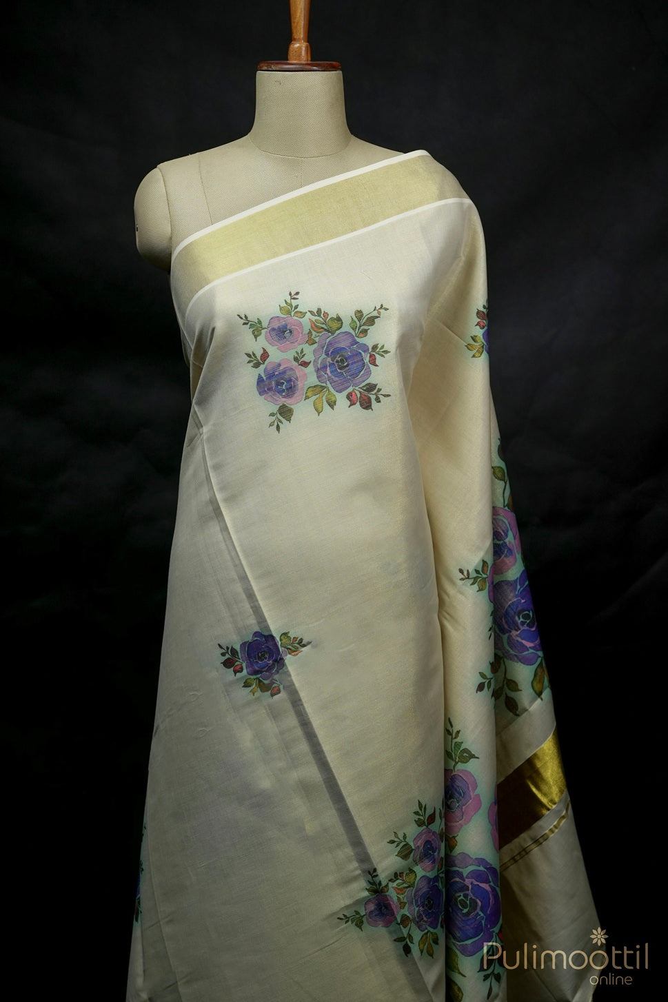 Kerala Golden Tissue Rose Print Set Saree