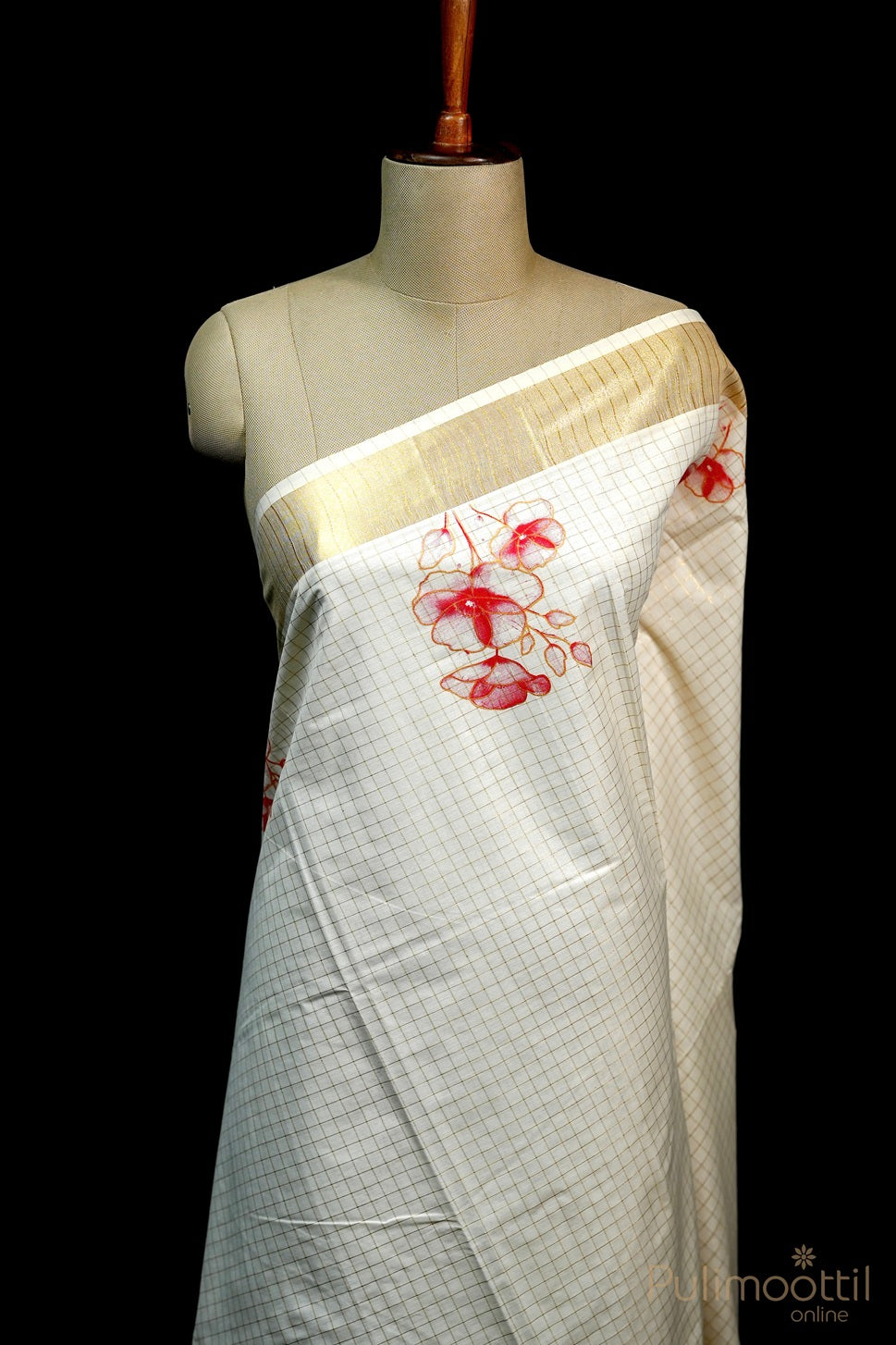 Cream colour Kerala Golden Check And Red Floral Printed Set Saree