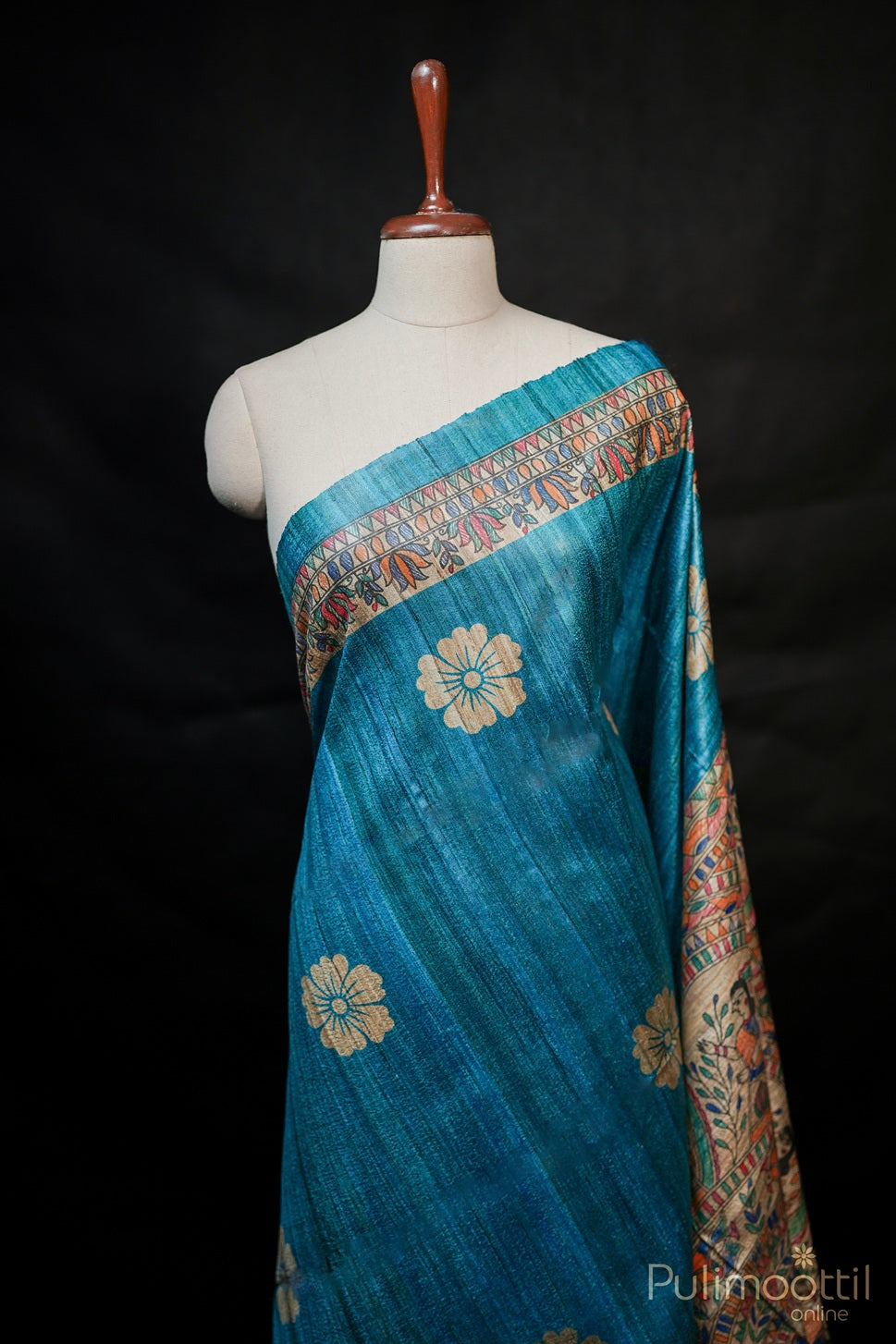 Dark Sky Blue Colour Madhubani Printed Saree.