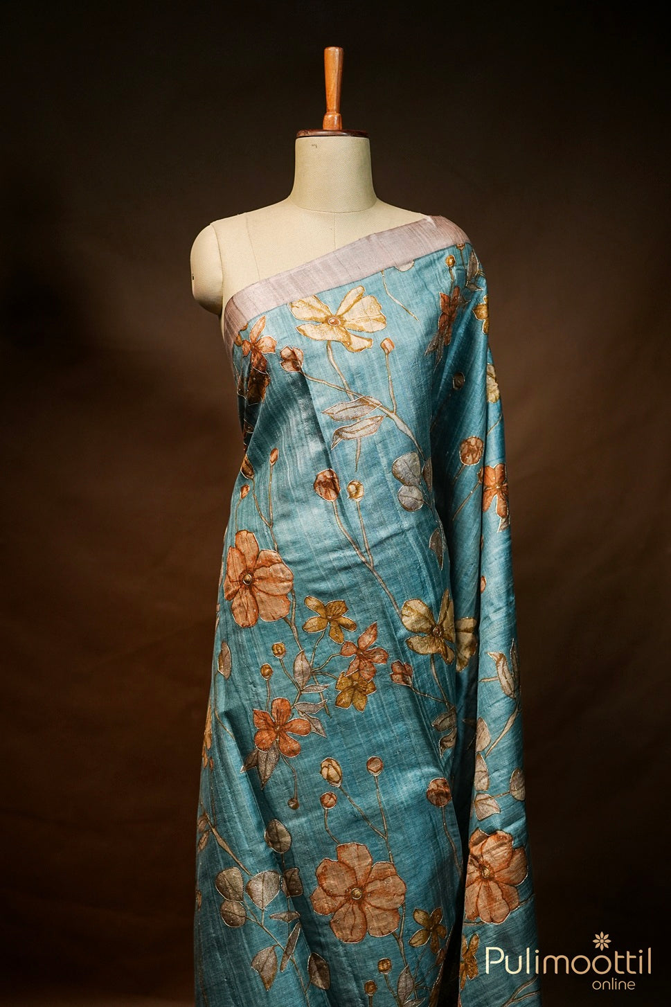 Teal Blue Colour Tussar Silk Saree.