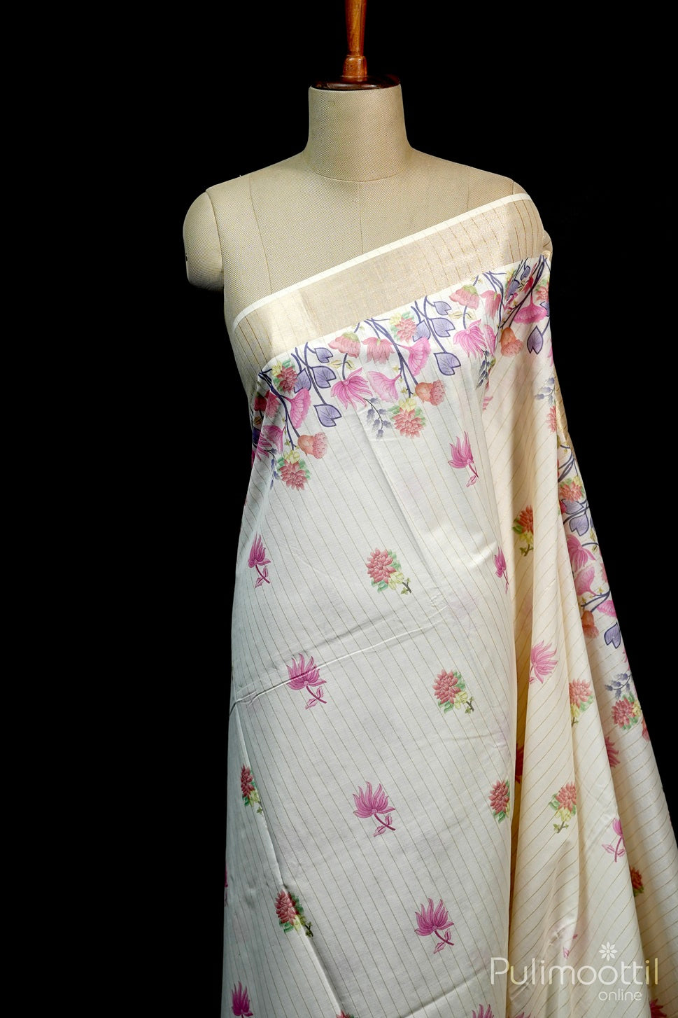 Cream Colour Floral Print Kerala Set Saree.