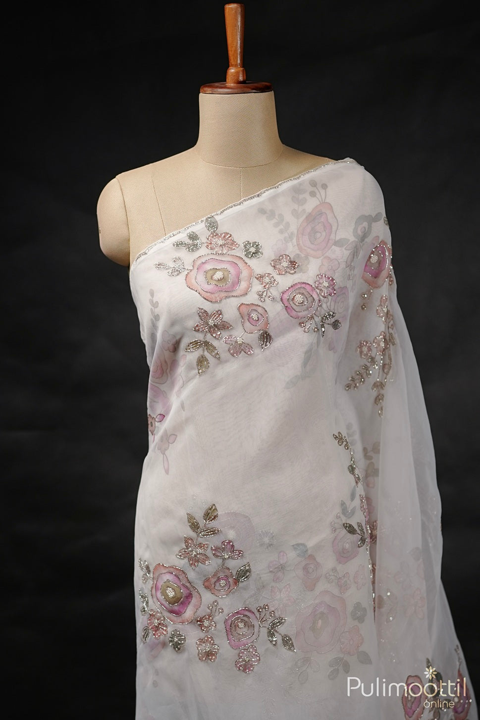 White Colour Organza Fancy Saree.