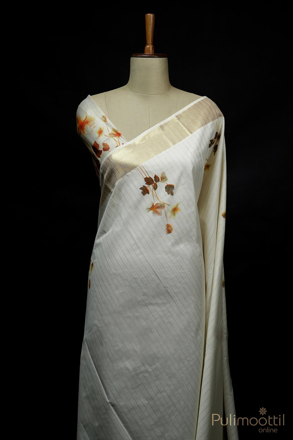 Kerala Cream Colour Digital Print Set Saree.