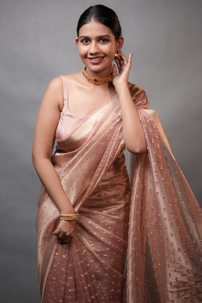 Onion Pink Colour Semi Tissue Organza Saree