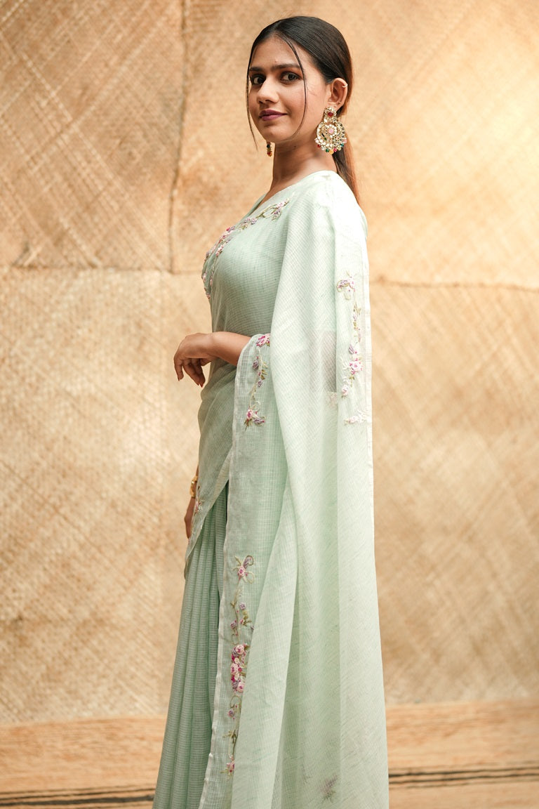 Mint Green Colour Net Cotta Designer Saree