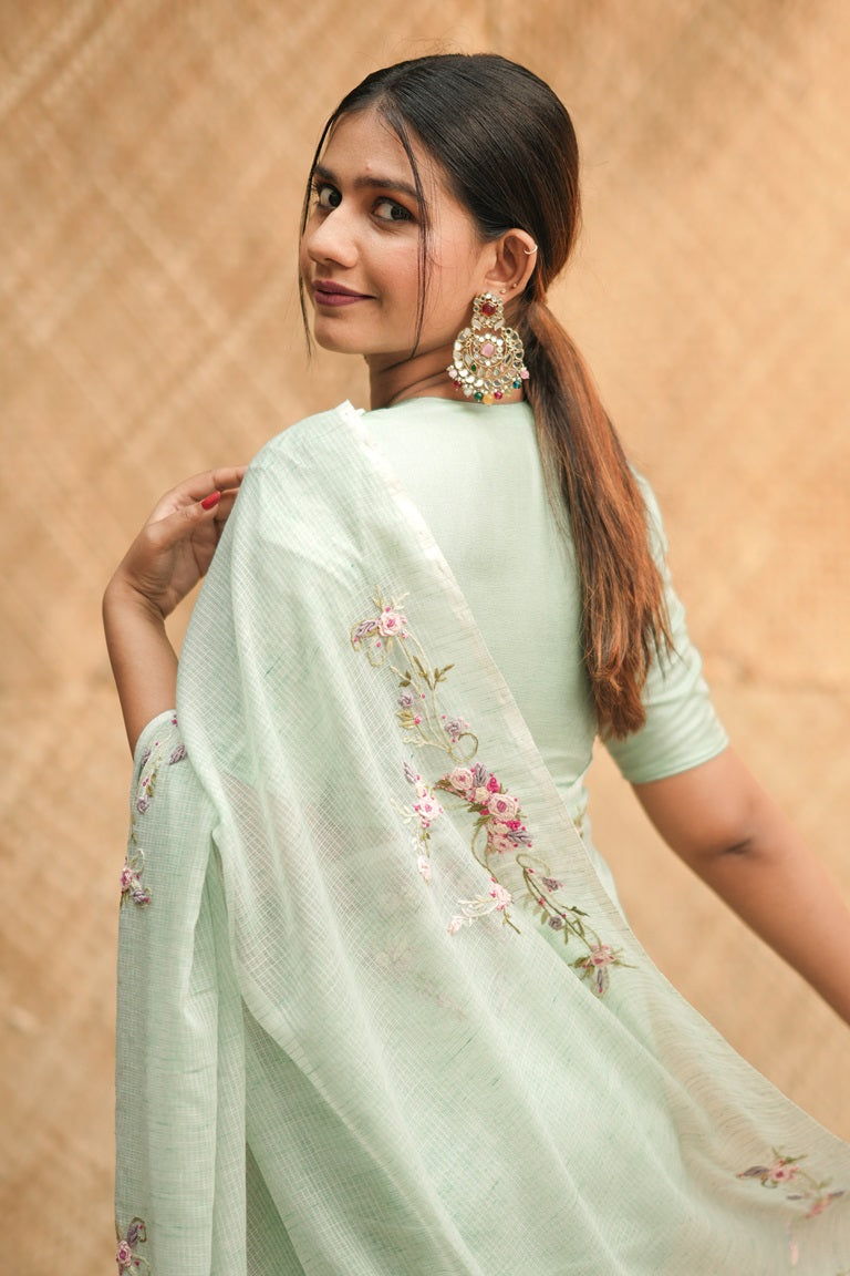 Mint Green Colour Net Cotta Designer Saree