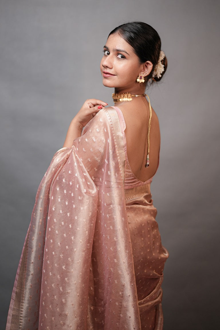 Onion Pink Colour Semi Tissue Organza Saree