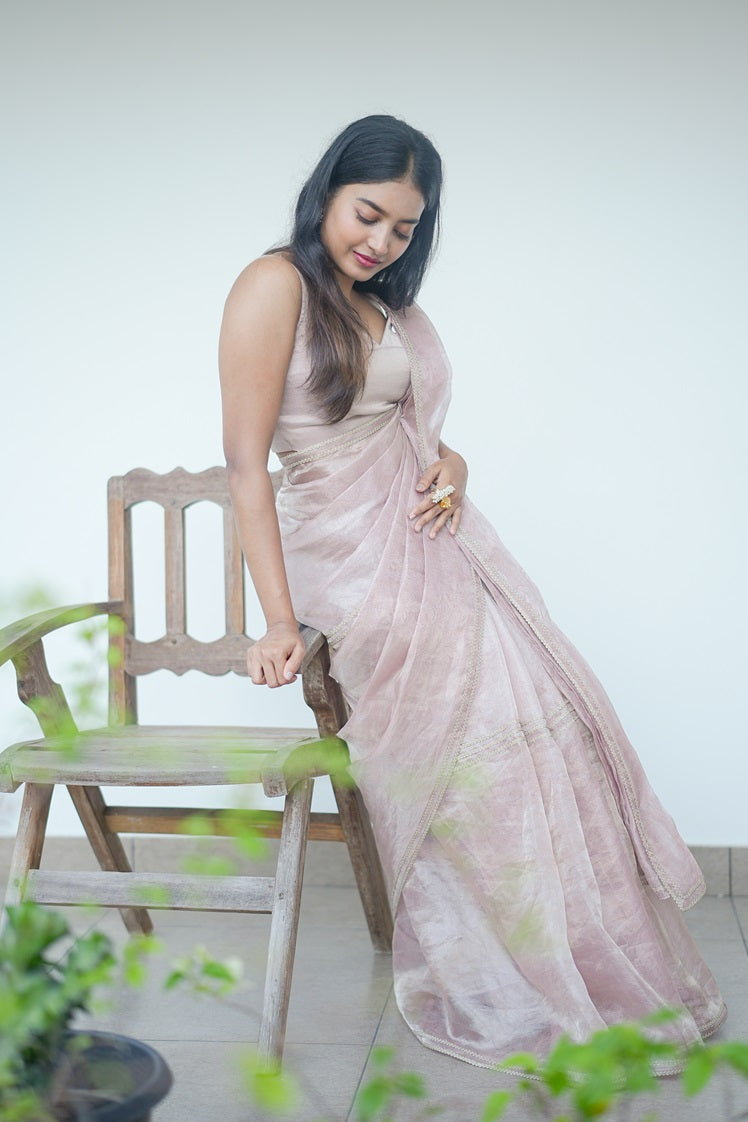 Light Lavender Colour Pure Tissue Organza Designer Saree.