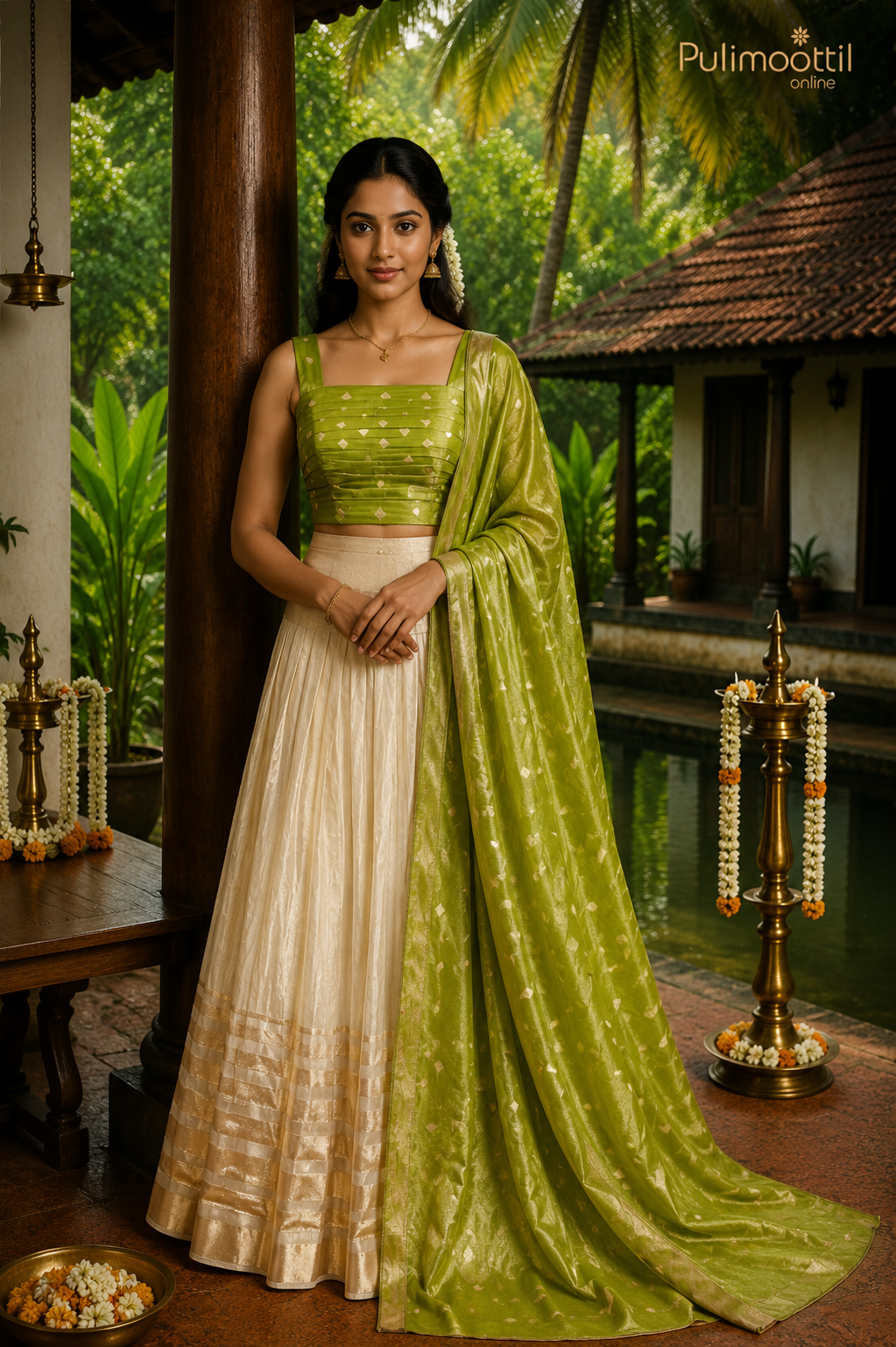 Ready-to-Stitch Off White Color Golden Tissue Dhavani Set