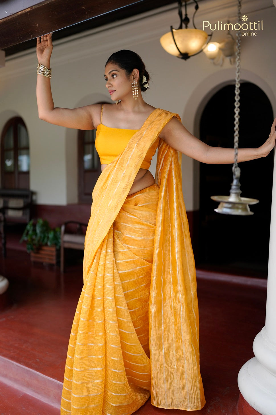 Mustard Yellow Colour Crushed Organza Fancy Saree
