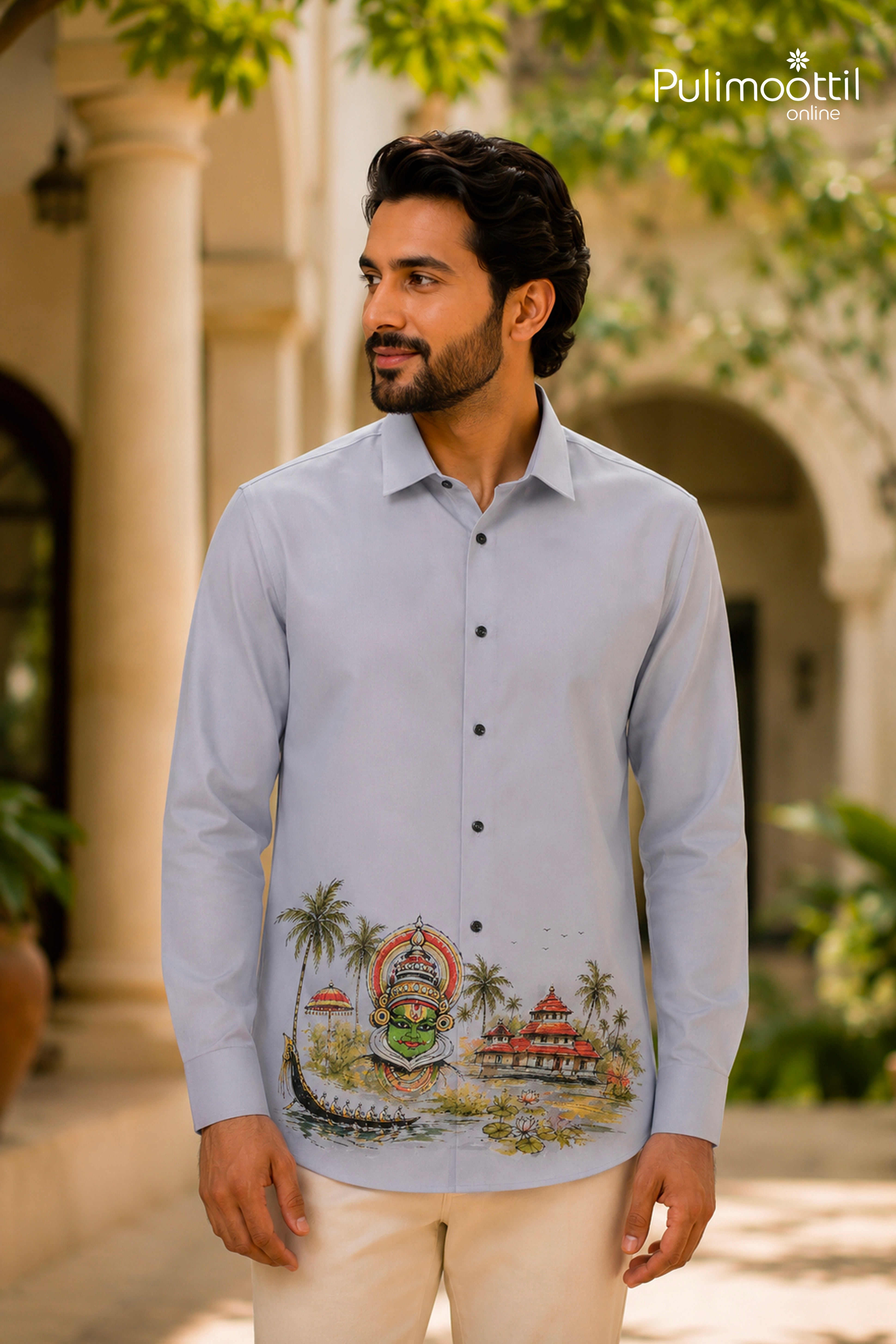 Pearl Grey Colour Shirt Featuring Kathakali Face