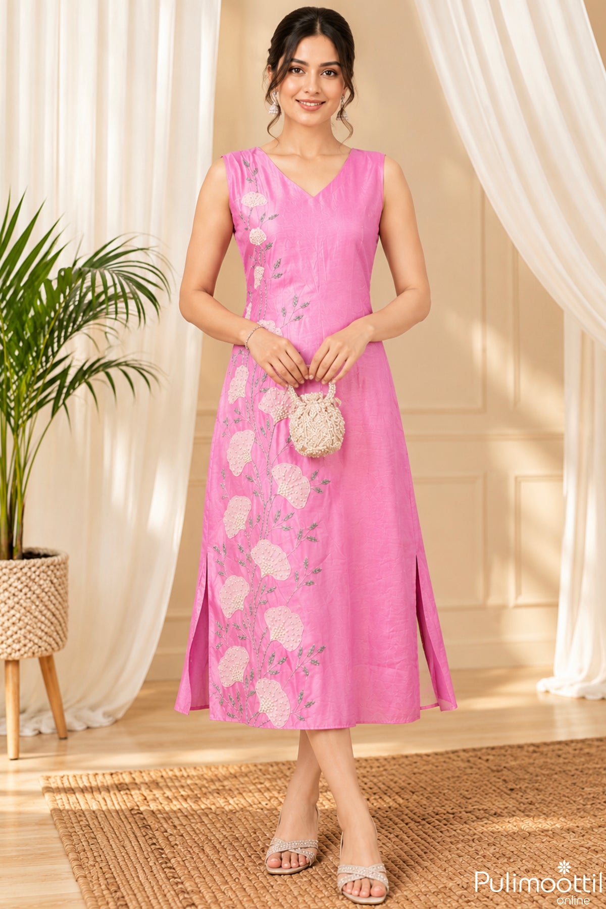 Baby pink Chanderi A-line kurti.