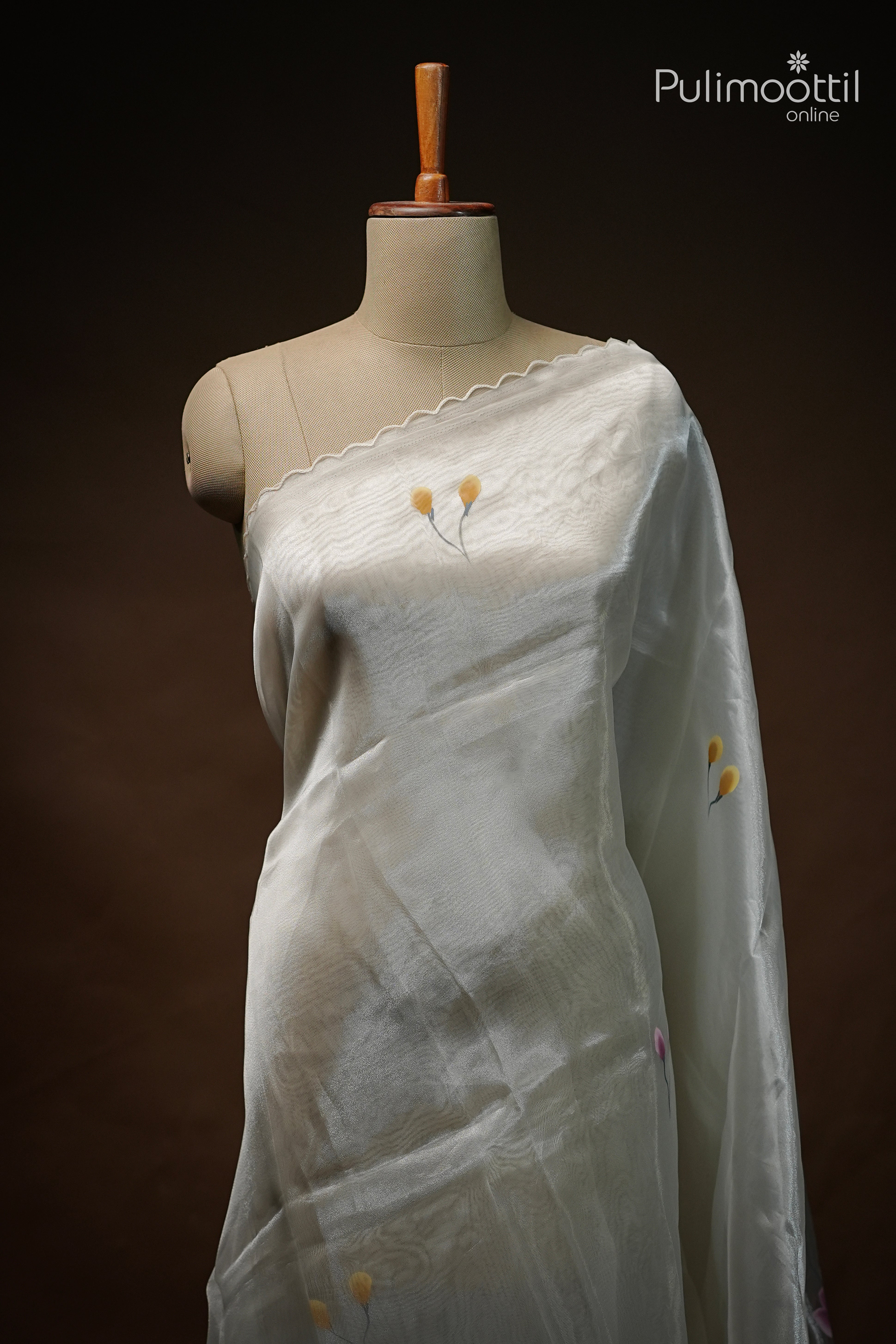 Cream Colour Organza Fancy Saree.