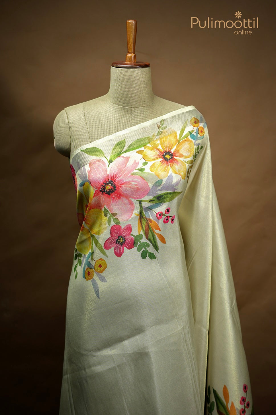 Cream Colour Kerala Golden Tissue Print Fancy Saree.