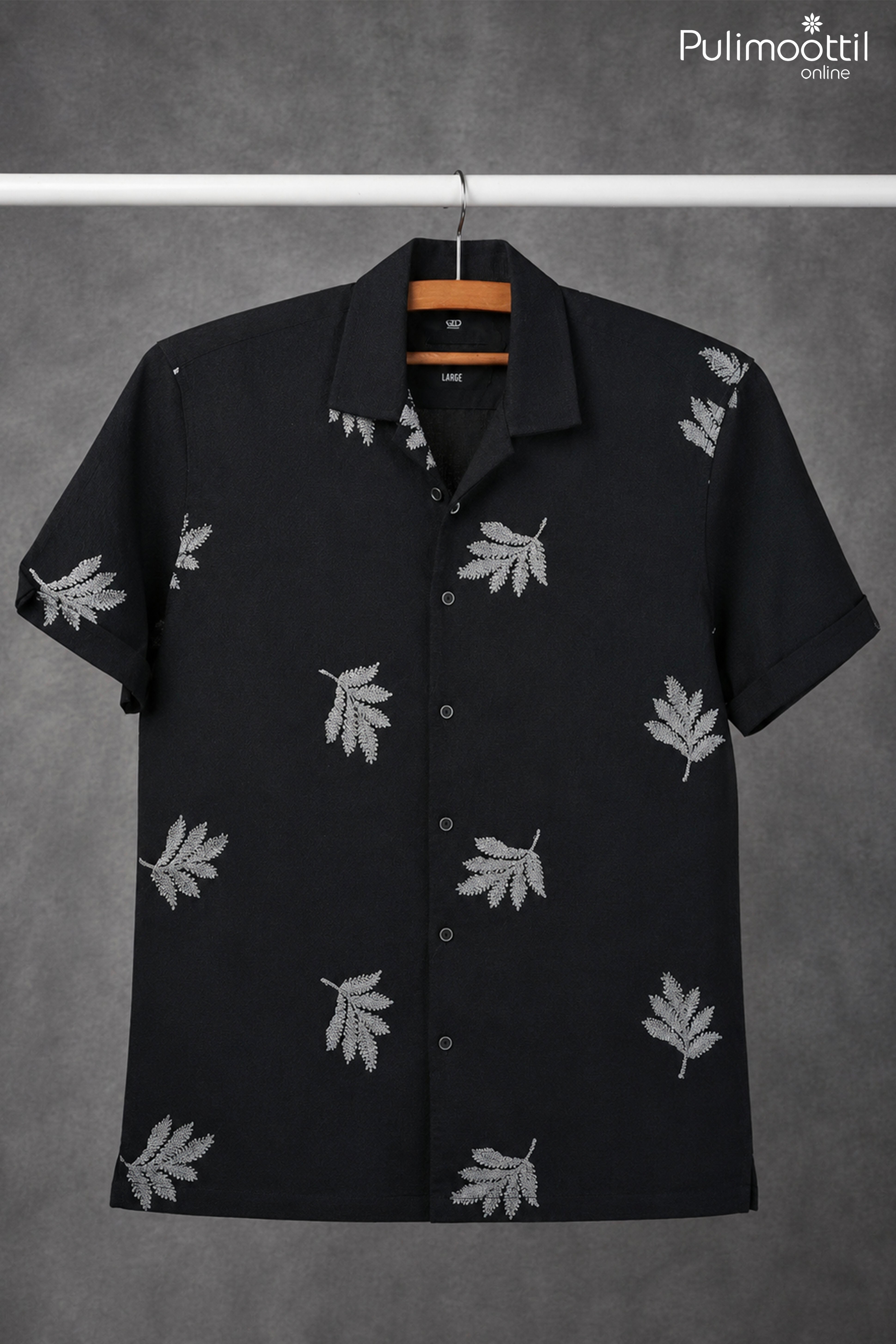 Black White Color Half Sleeve Mens Shirt With Embroidered Leaf Motif