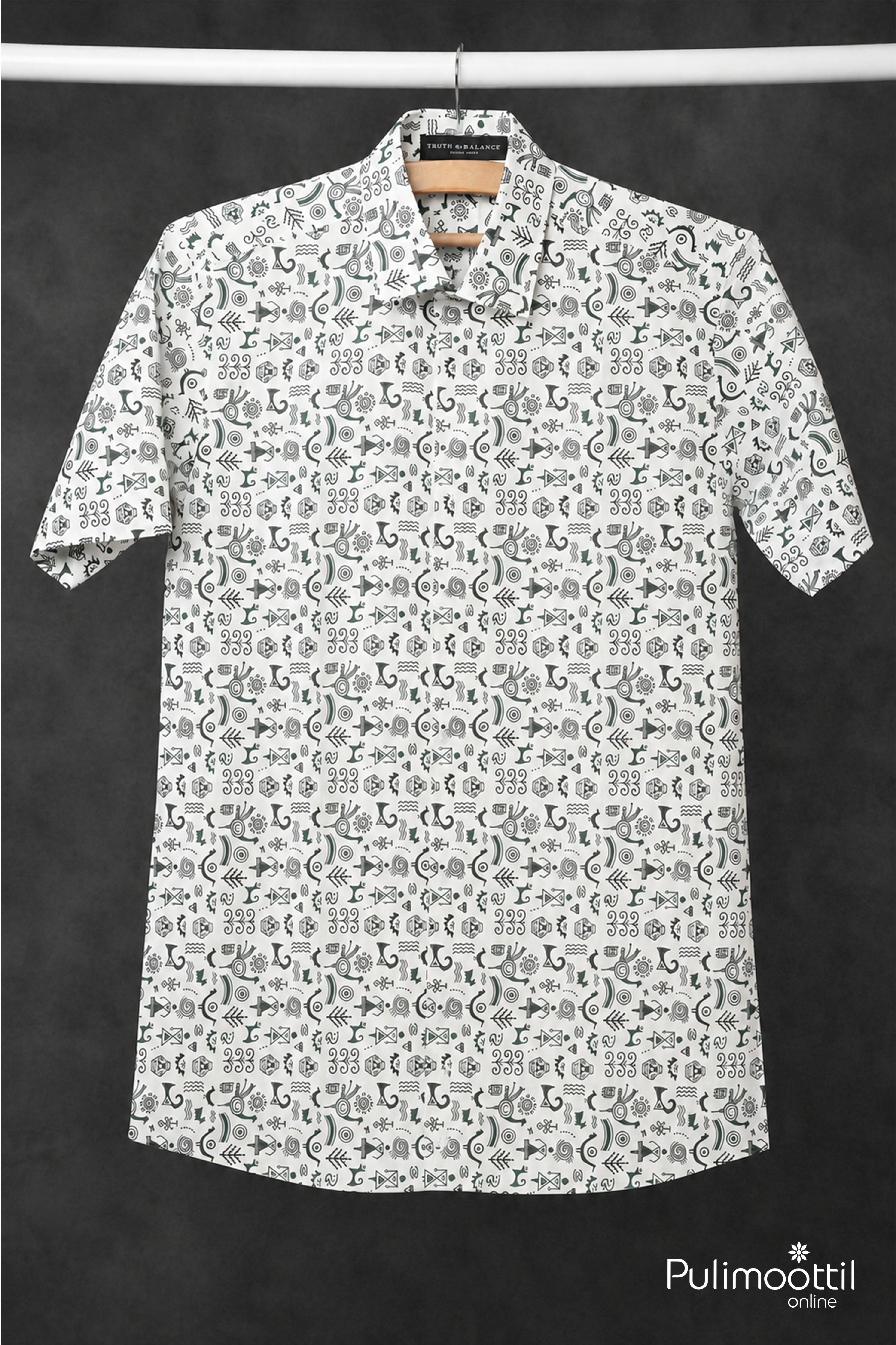 Whit Color Abstract Ethnic Print Half Sleeve Mens Shirt