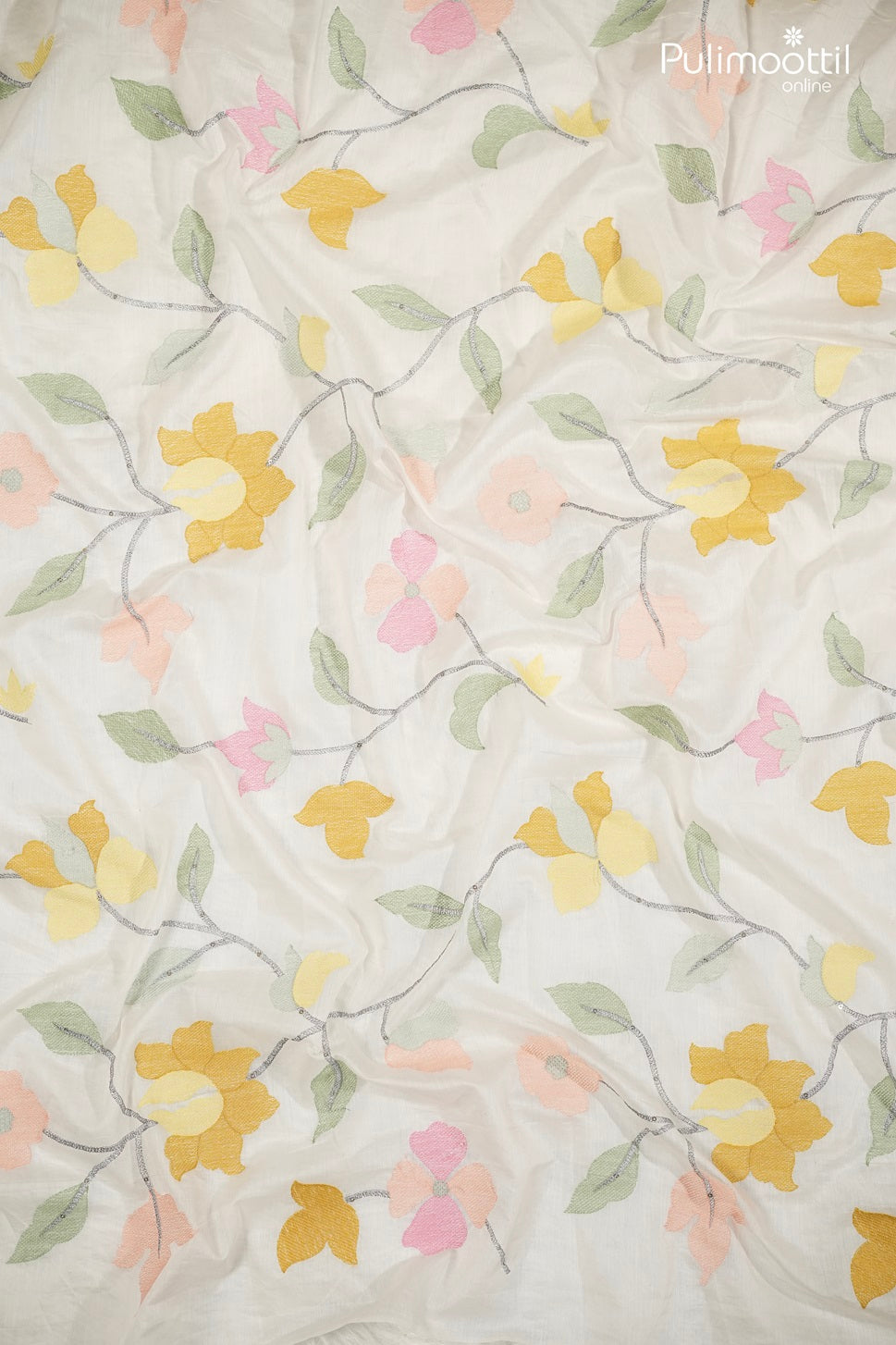 White Chanderi Fabric with Multicolor Floral Thread Embroidery