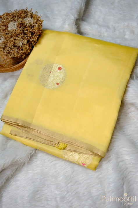 Flax Golden Yellow Colour Pure Chiniya Banarasi Silk Saree.