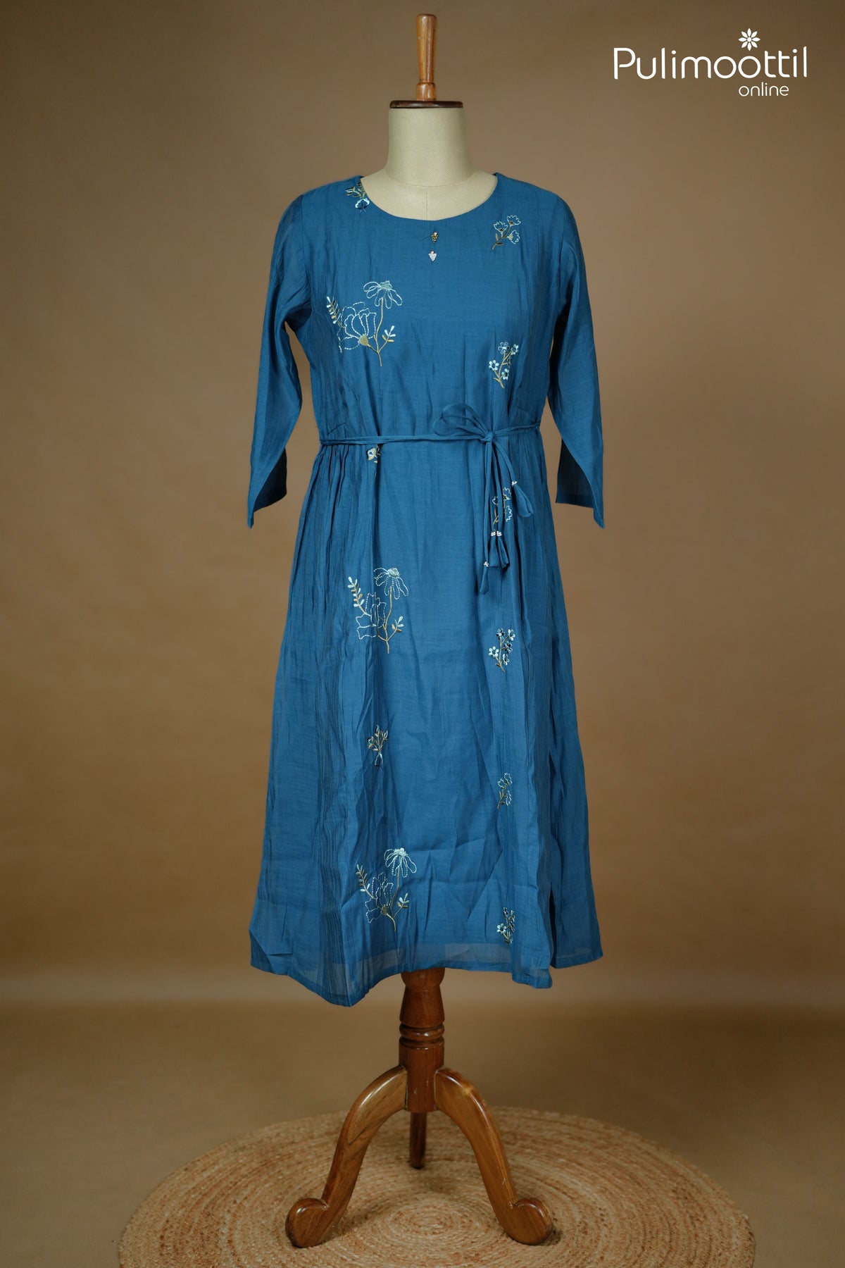 German Blue Colour Blended Chanderi frock