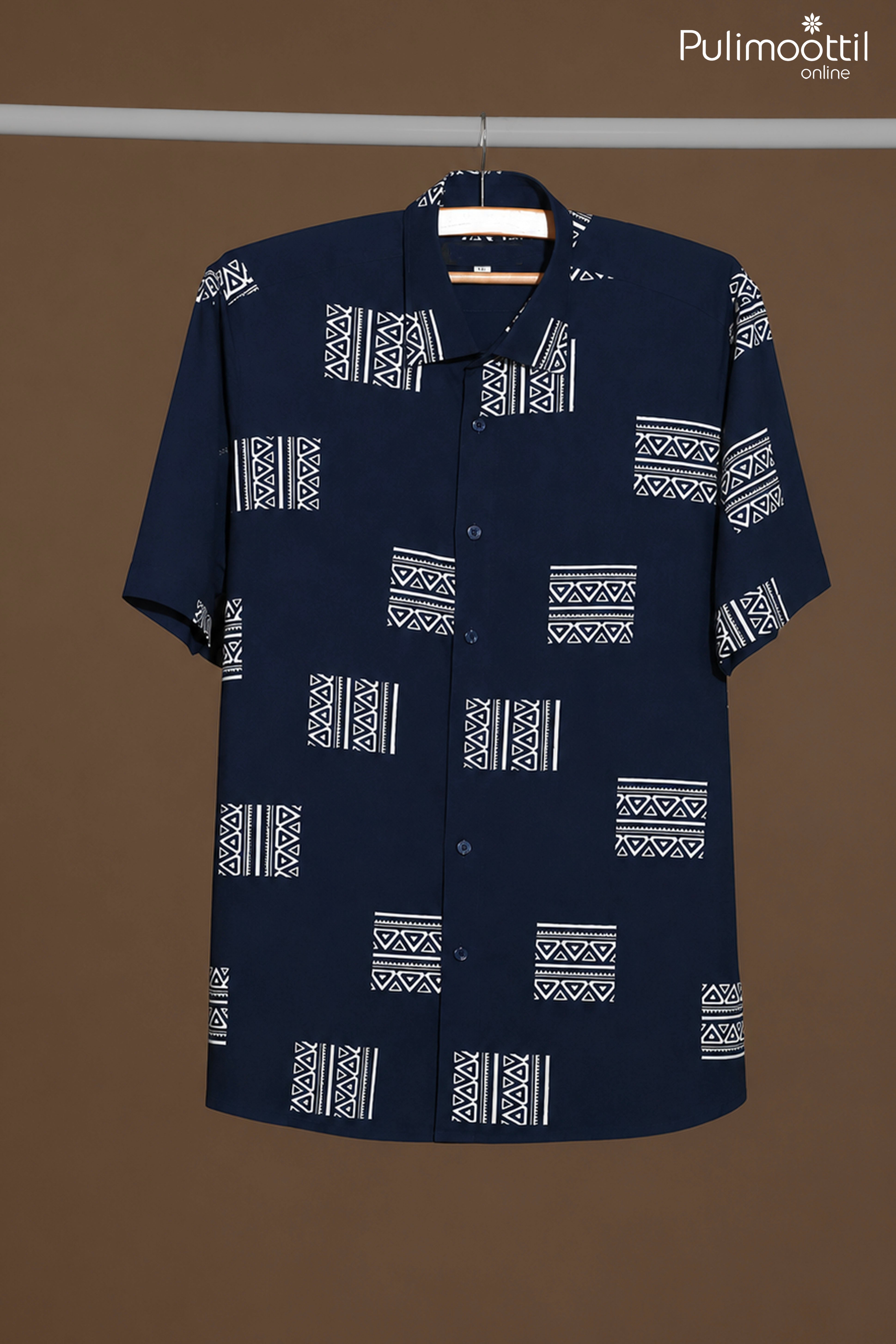 Deep Navy Blue Color Half Sleeve Mens Shirt With Ethnic Geometric Pattern