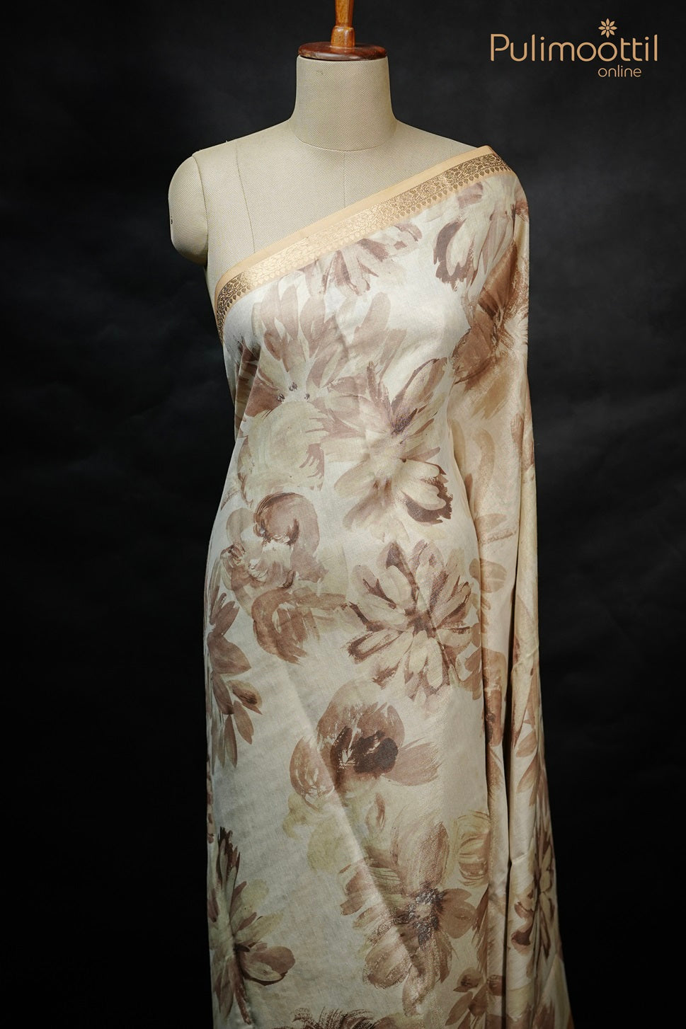 Light Gold Colour Kerala Tissue Floral Print Fancy Saree.