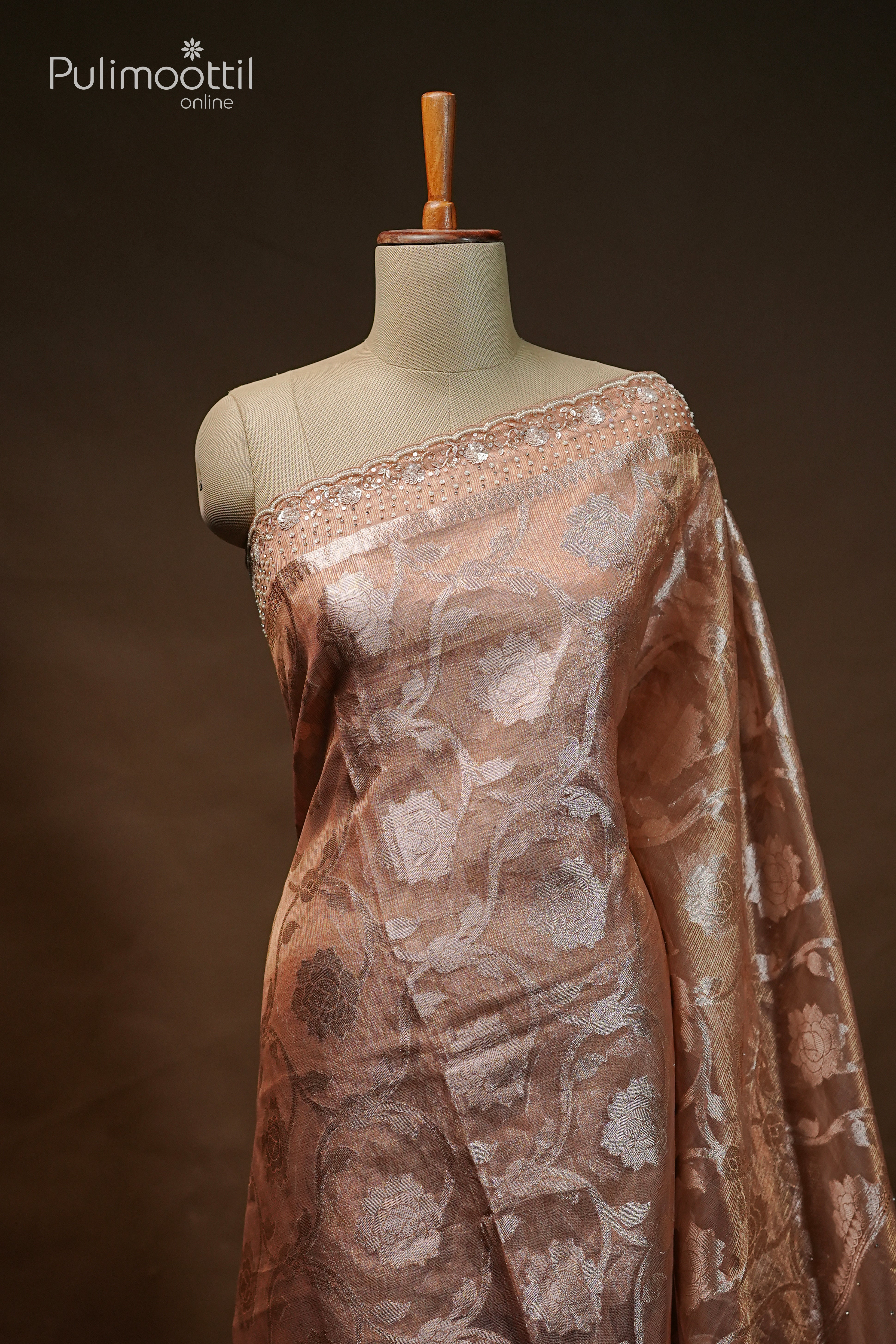 Chikku Shade Organza Fancy Saree.